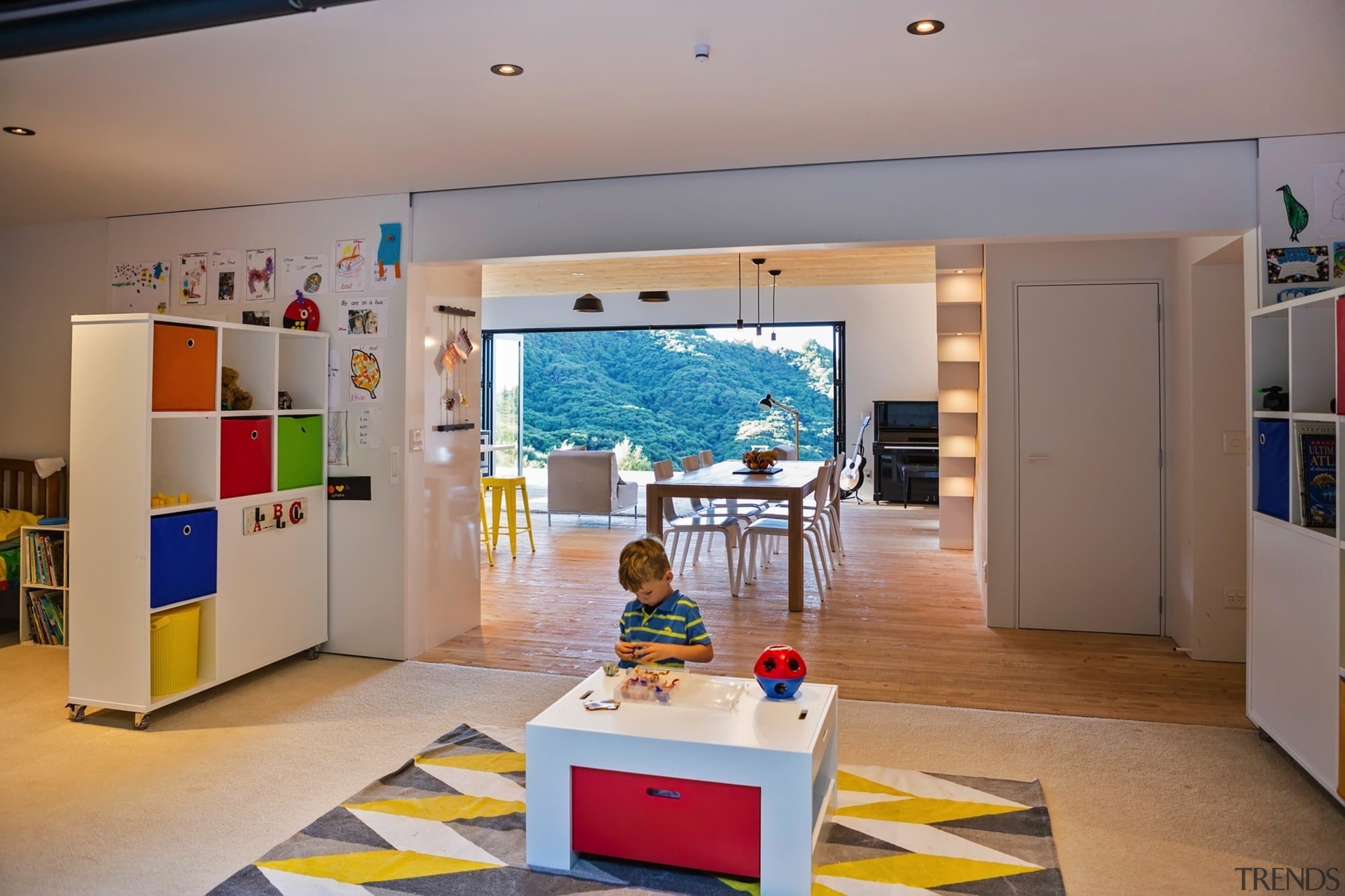 This living area is perfect for young children. exhibition, interior design, gray