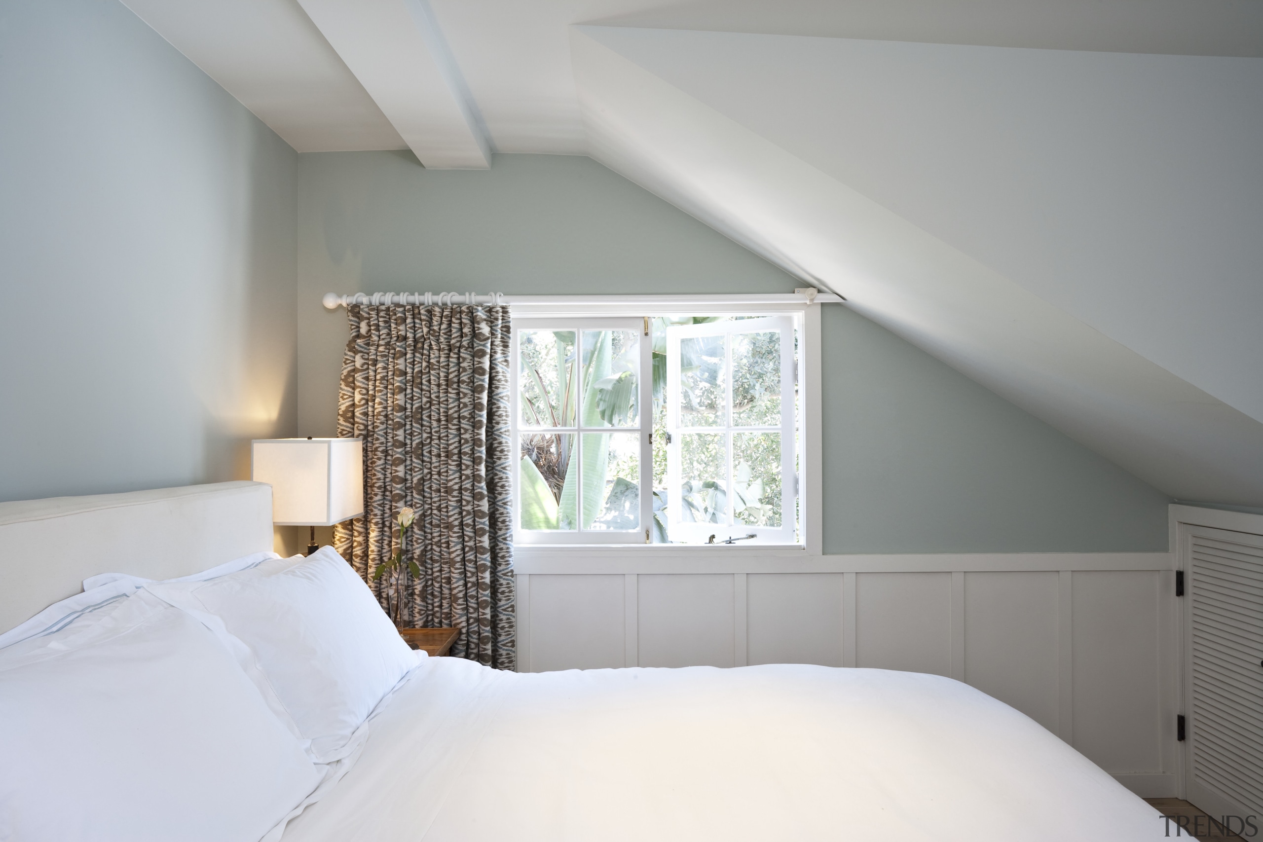 Bedroom with windows overlooking the gardens - Bedroom architecture, bed, bed frame, bedroom, ceiling, daylighting, floor, home, house, interior design, property, real estate, room, wall, window, gray, white