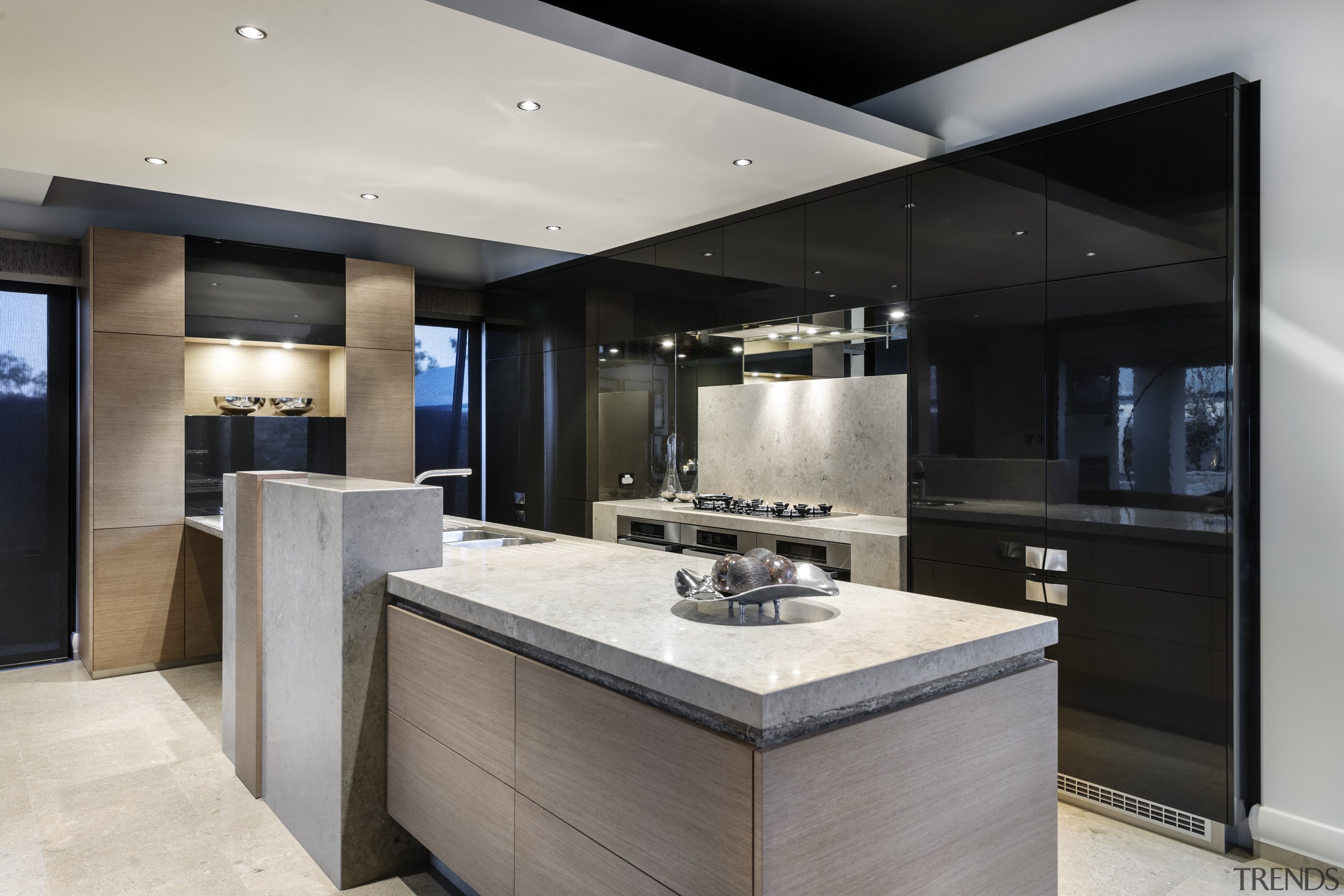 There is a blade ceiling in this kitchen, countertop, cuisine classique, interior design, kitchen, real estate, gray, black