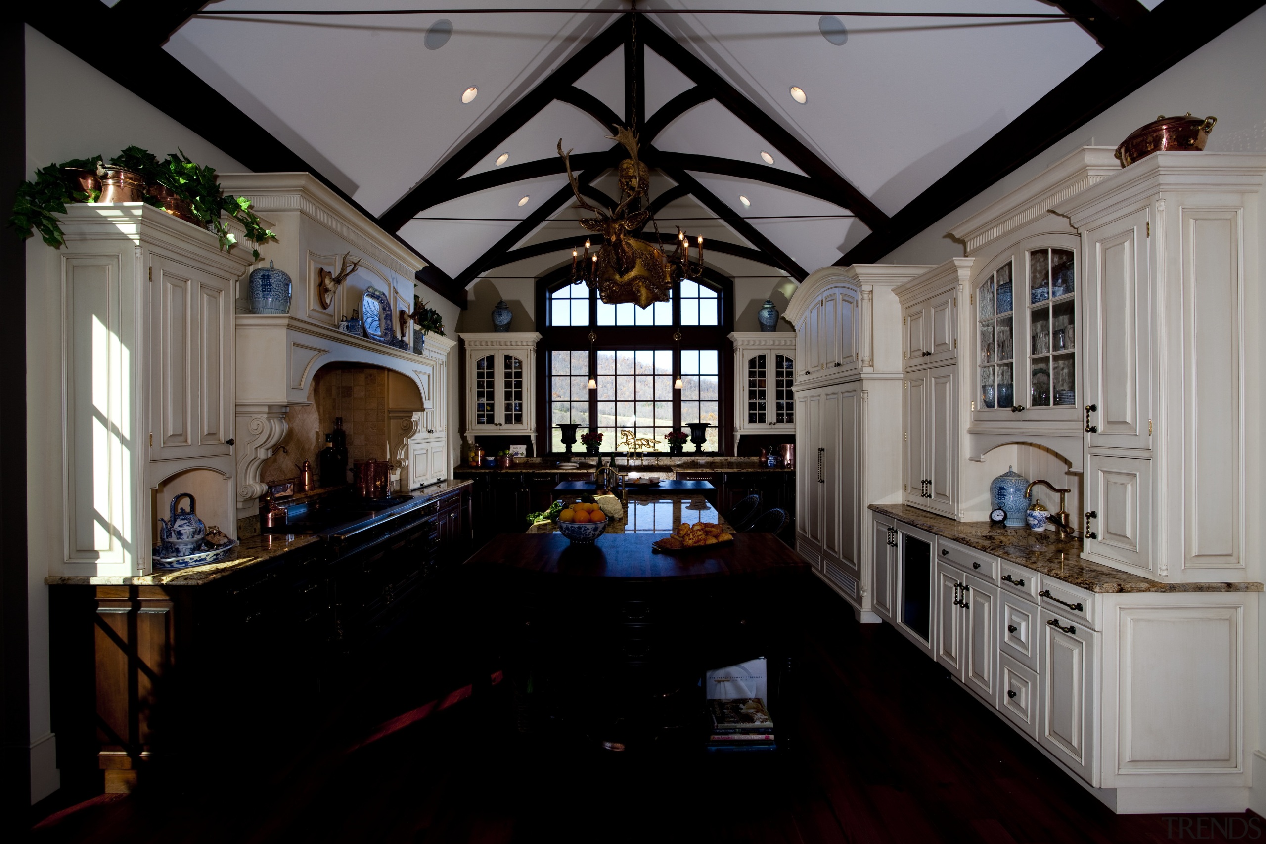 View of kitchen with wooden flooring, high ceilings ceiling, chapel, home, house, interior design, room, window, black, gray