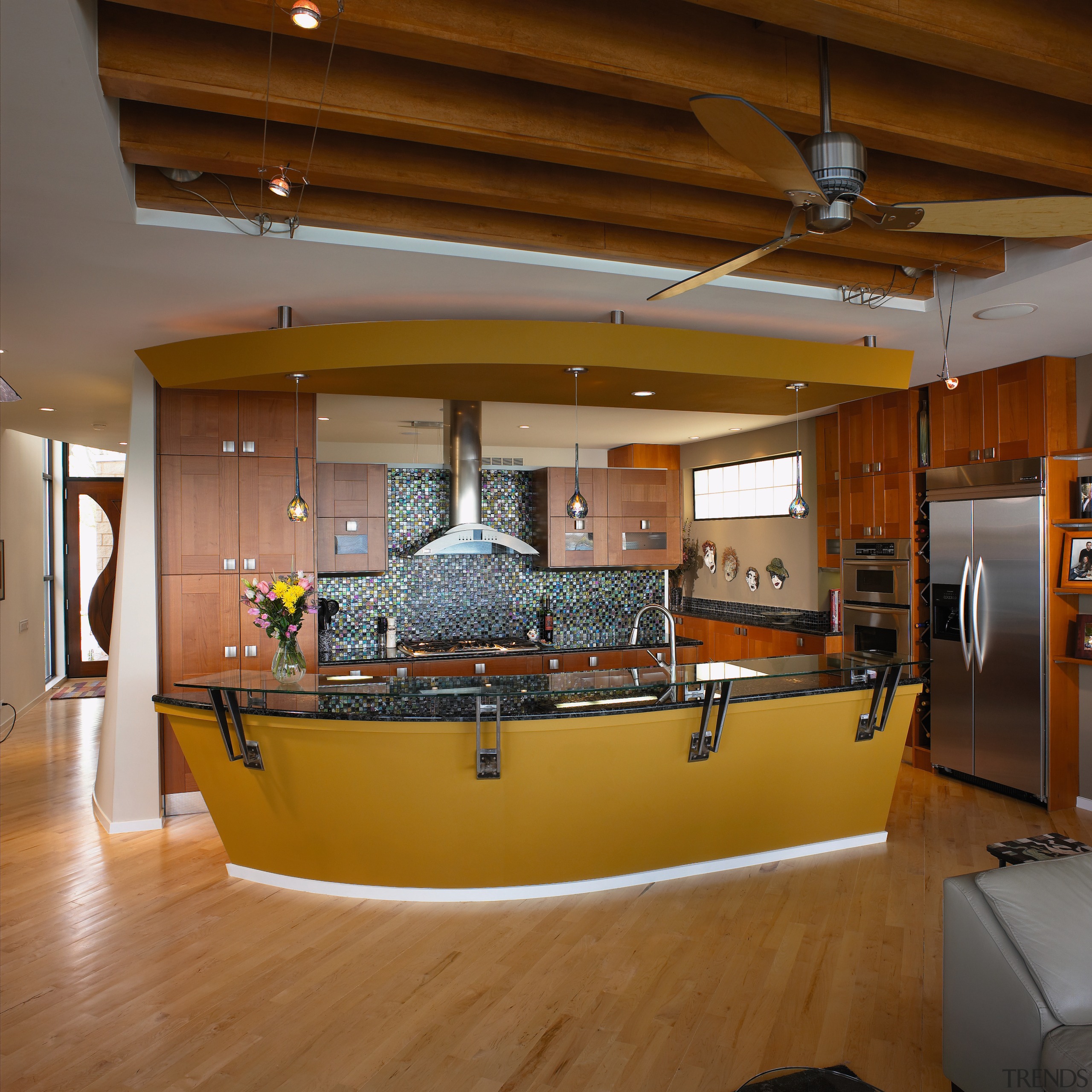 A view of the kitchen, wooden flooring and ceiling, countertop, interior design, brown