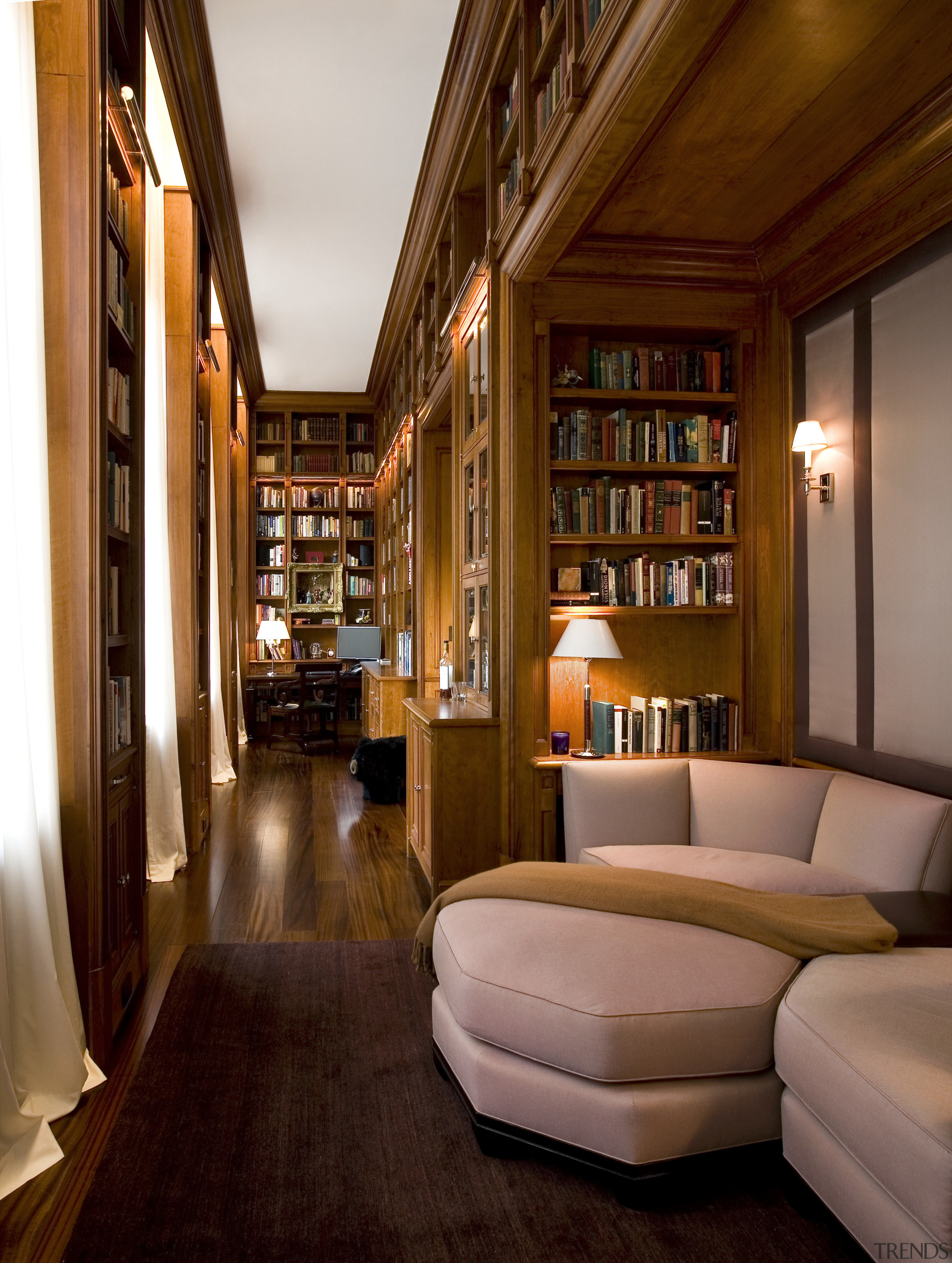 View of library with mahogany floors. - View ceiling, interior design, living room, red, brown
