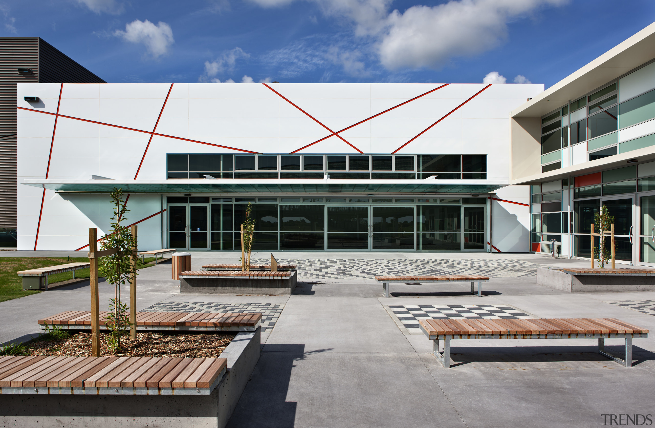 View of exterior with seating. - View of architecture, building, corporate headquarters, gray