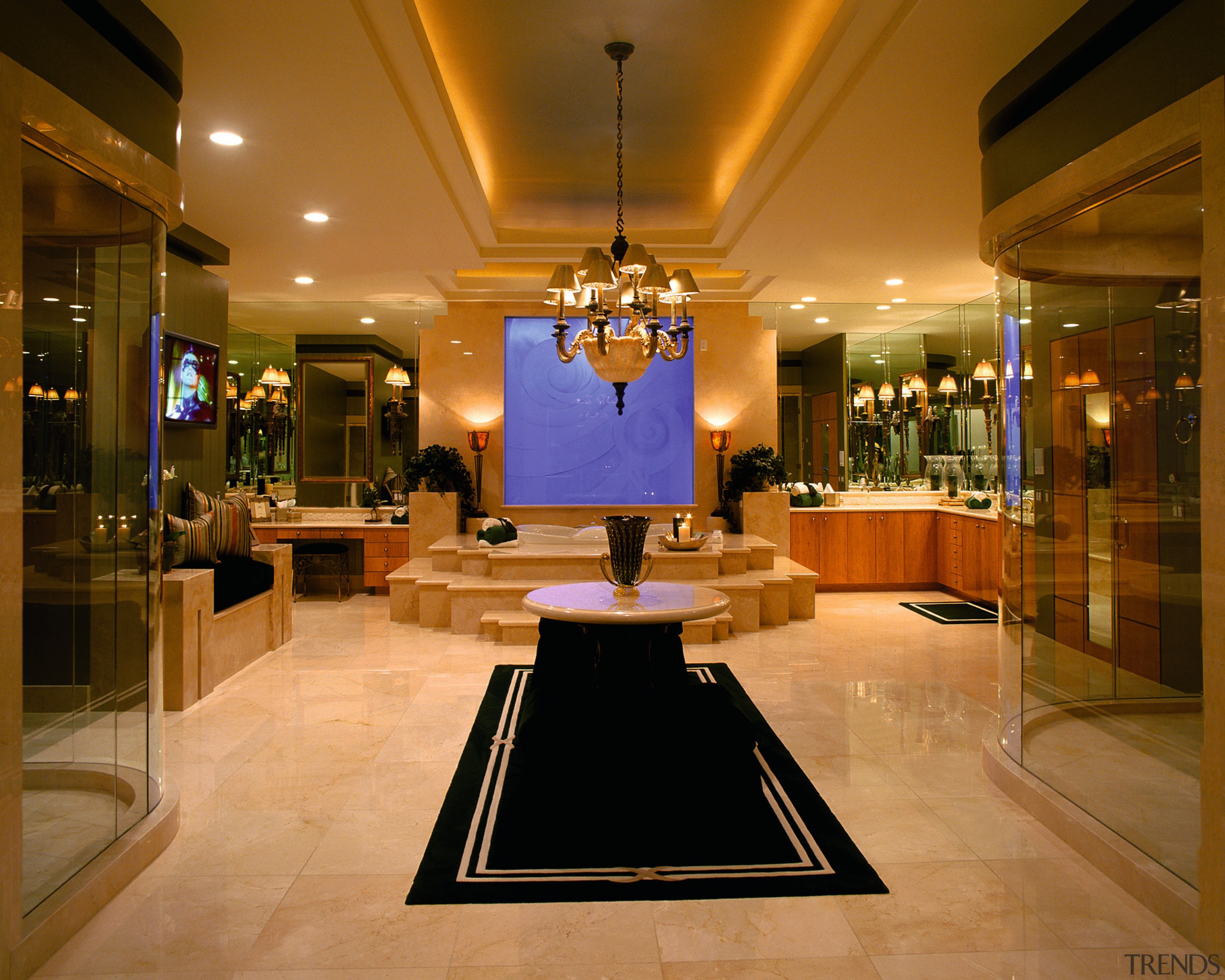 View of this luxury master bathroom - View ceiling, interior design, lighting, lobby, brown, orange