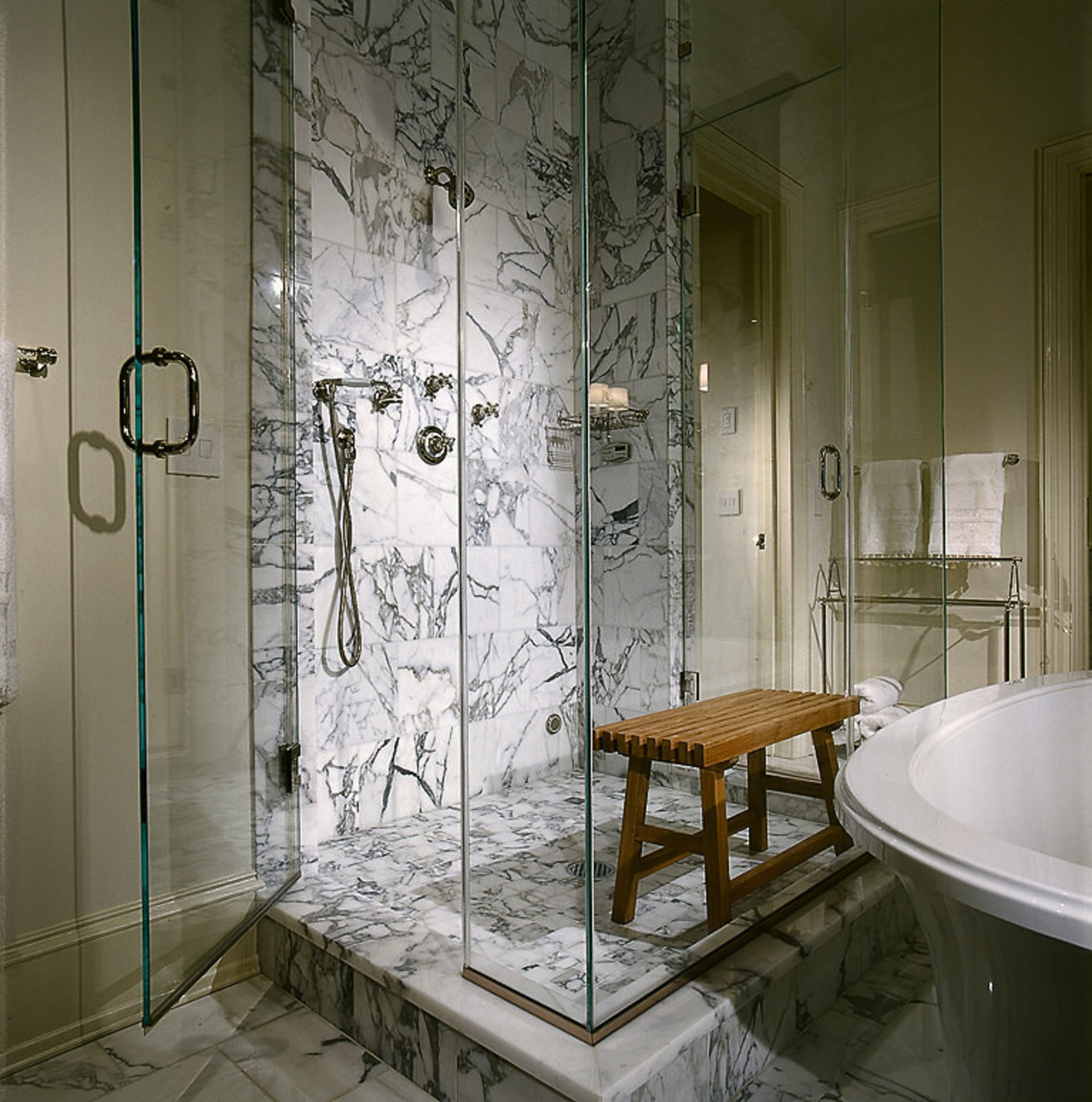 View of the shower unit - View of bathroom, glass, interior design, plumbing fixture, room, window, gray, brown