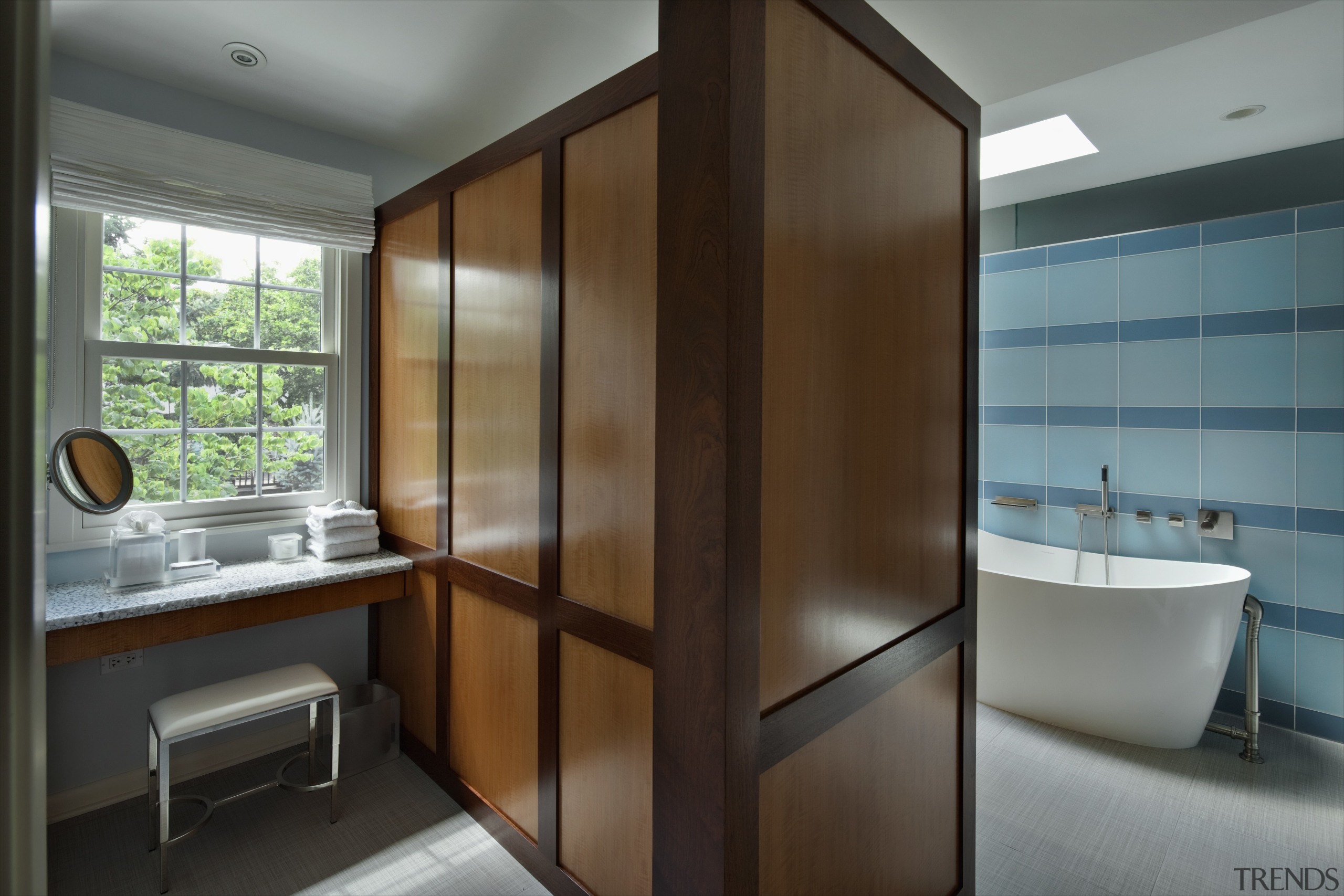 View of bathroom which features a make-up vanity. interior design, brown, gray