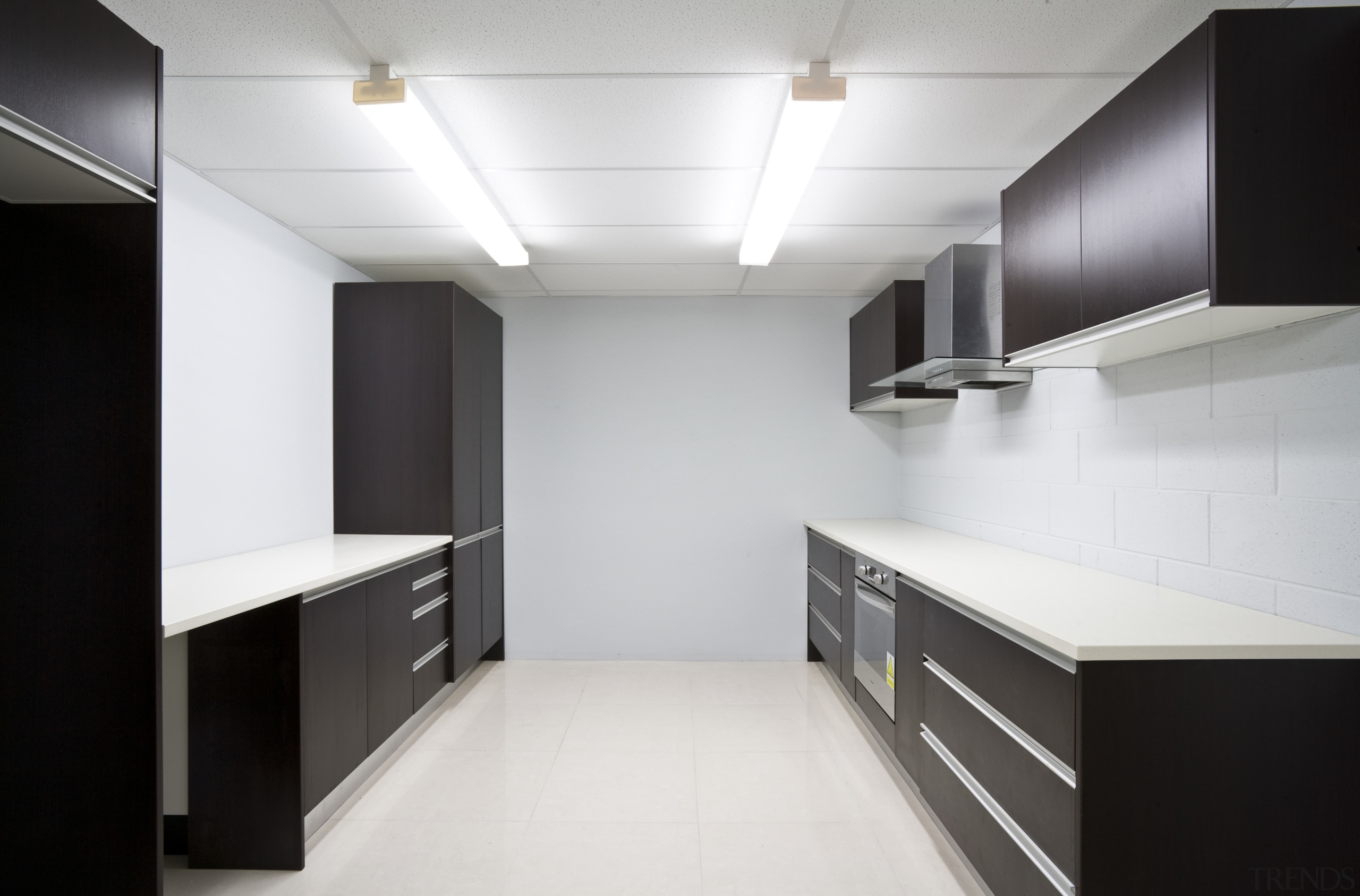 View of a kitchen which features products available architecture, cabinetry, ceiling, countertop, daylighting, floor, interior design, kitchen, office, product design, room, white, black