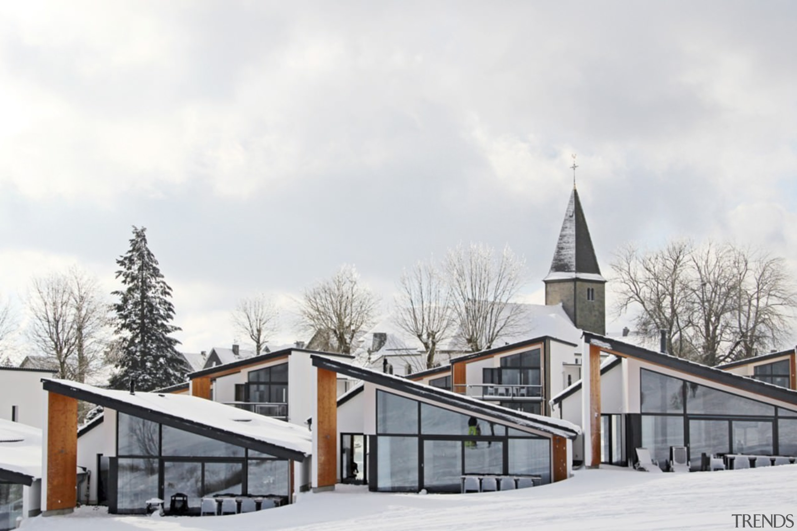 A view of the villas in winter - architecture, building, facade, home, house, property, real estate, residential area, sky, snow, winter, white