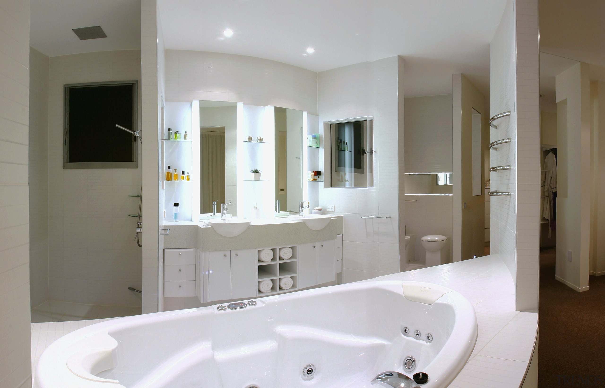 view of this bathroom featuring recessed jet spa bathroom, bathroom accessory, bathroom cabinet, estate, home, interior design, property, real estate, room, gray, white