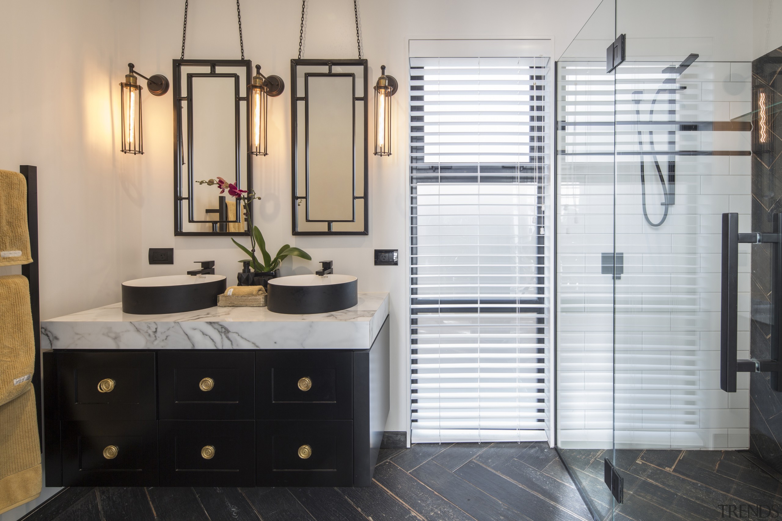 This his-and-hers ensuite vanity was custom designed by bathroom, floor, flooring, interior design, room, gray