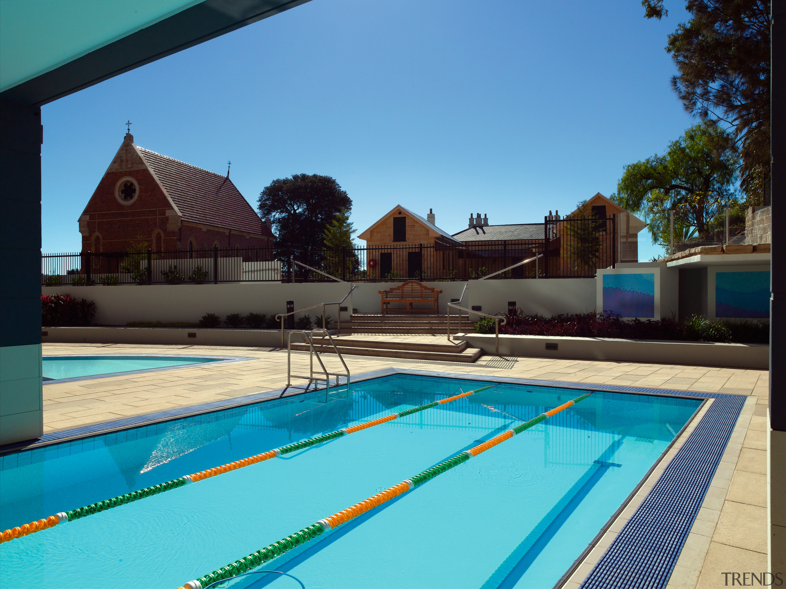 A view of the lap pool in the estate, leisure, leisure centre, property, real estate, swimming pool, water, teal, black