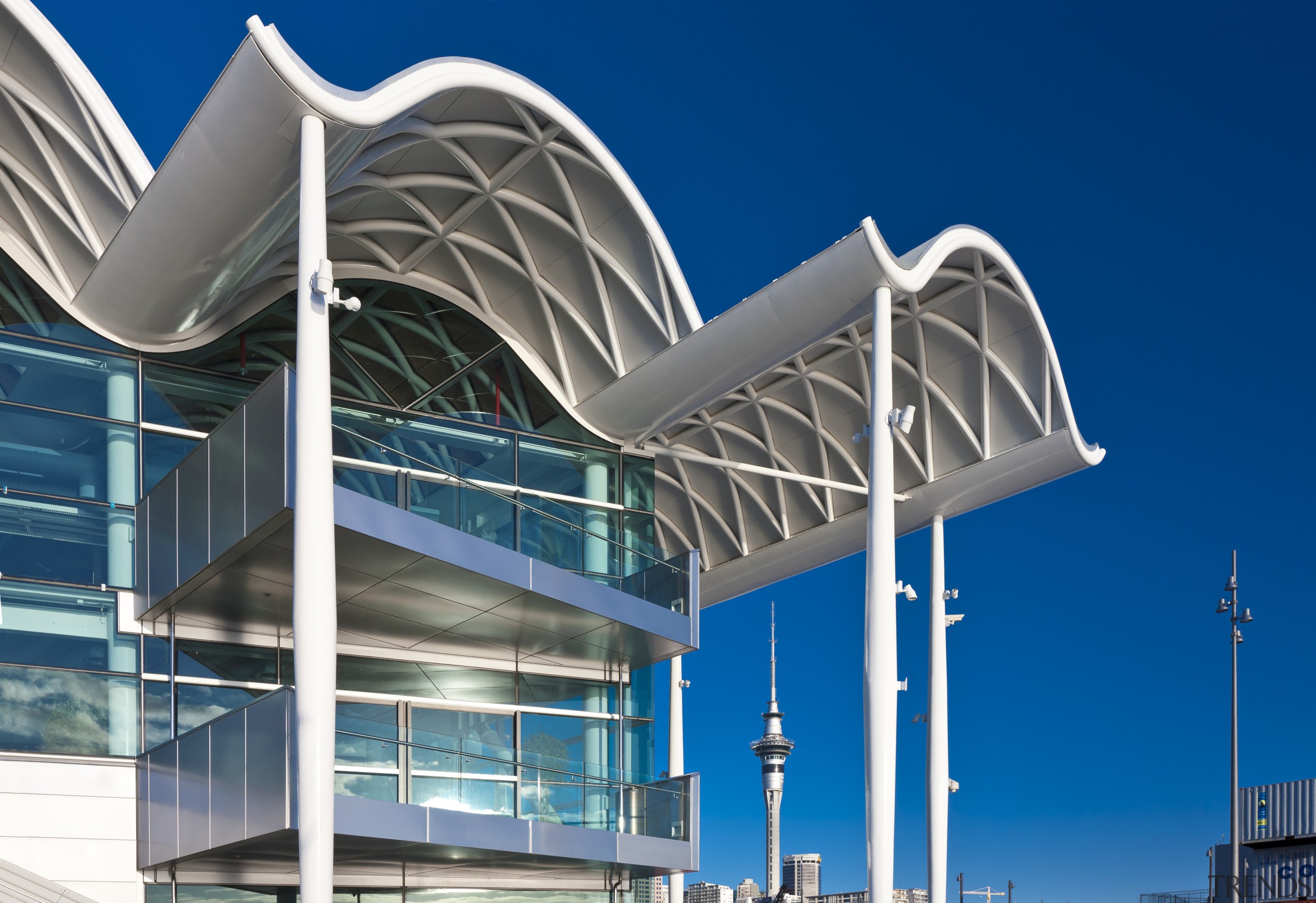 View of the Viaduct Events Center in Auckland's architecture, building, commercial building, convention center, corporate headquarters, facade, mixed use, product design, sky, structure, blue