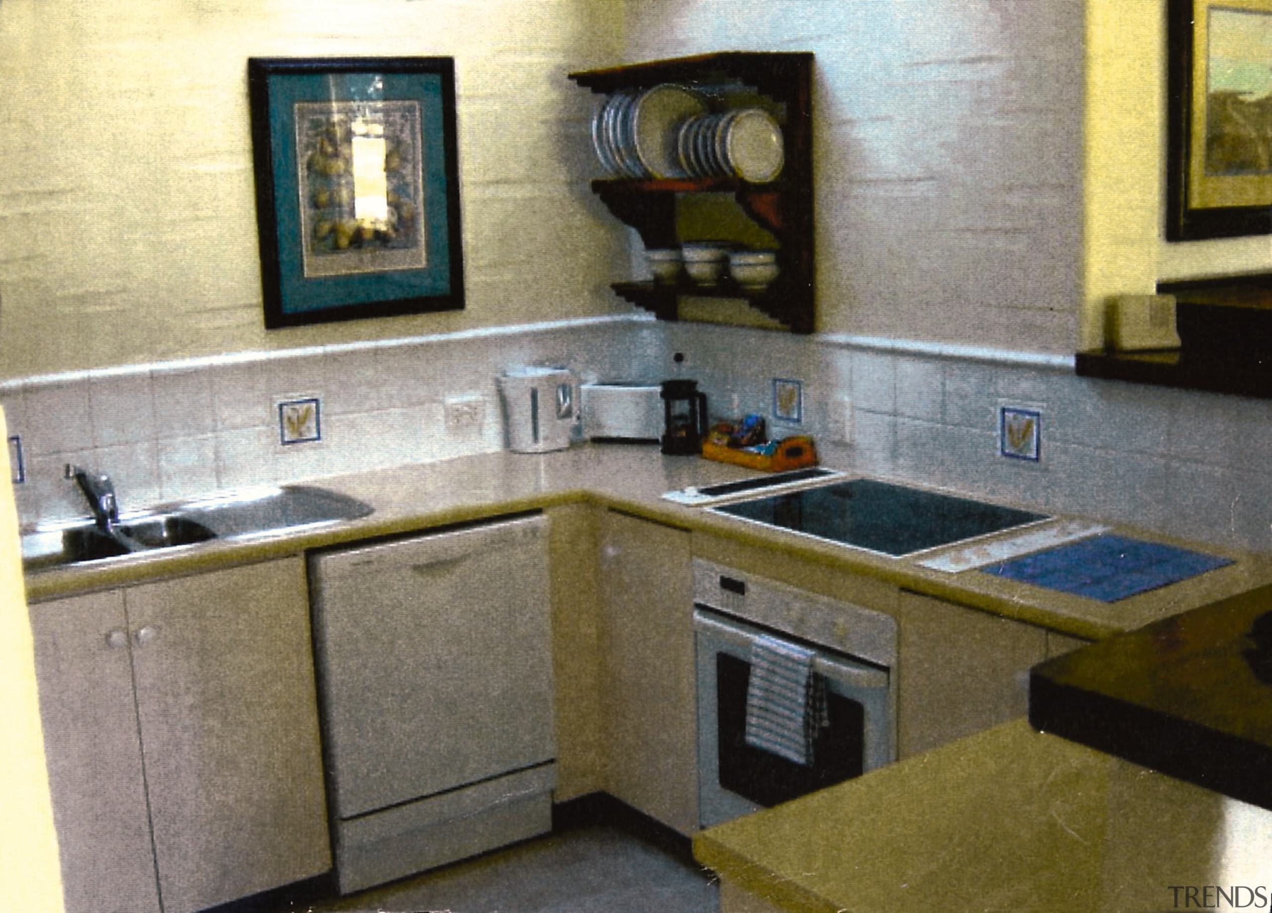 A view of the kitchen before it was countertop, kitchen, property, room, gray, brown