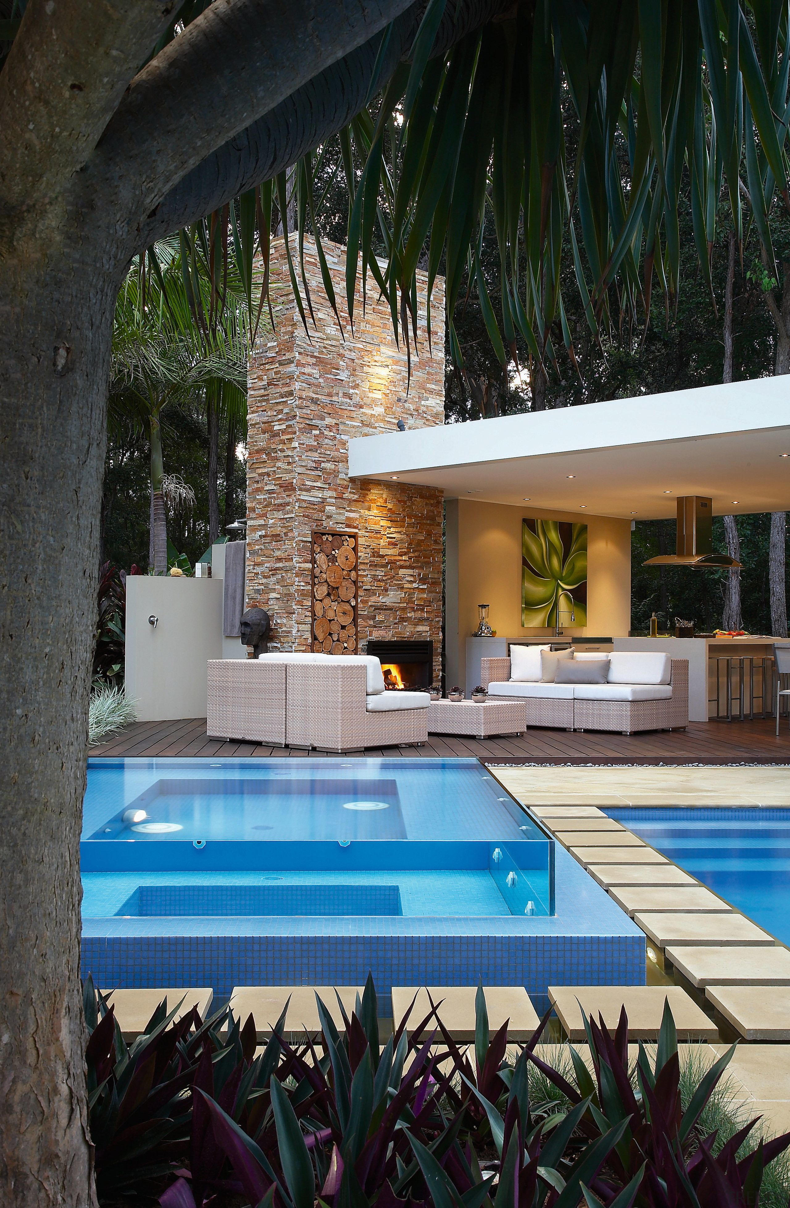 A view of the pool and patio area, architecture, arecales, backyard, estate, home, house, interior design, leisure, palm tree, property, real estate, resort, swimming pool, villa, black