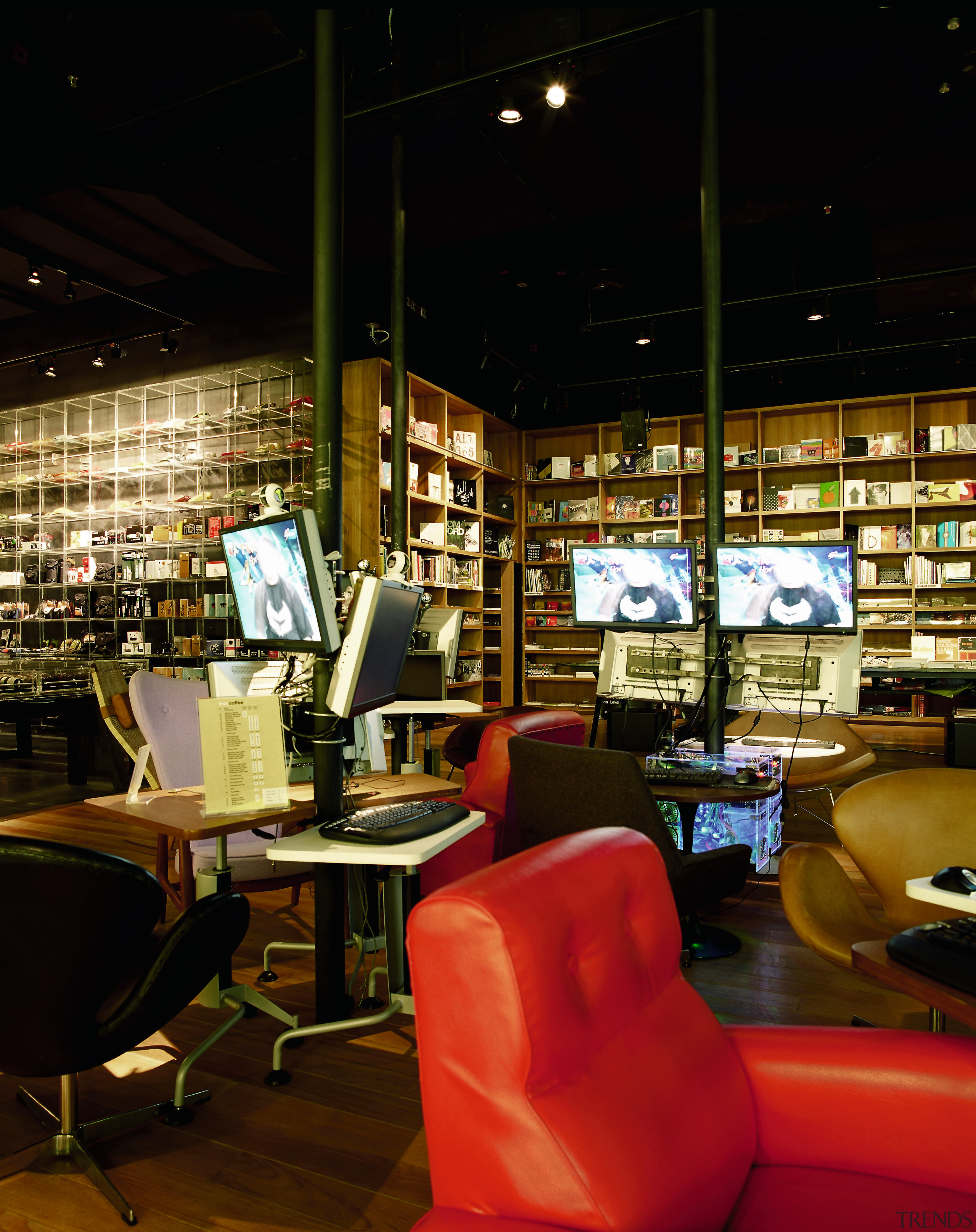 A view of the bookstore. - A view interior design, lighting, black, brown