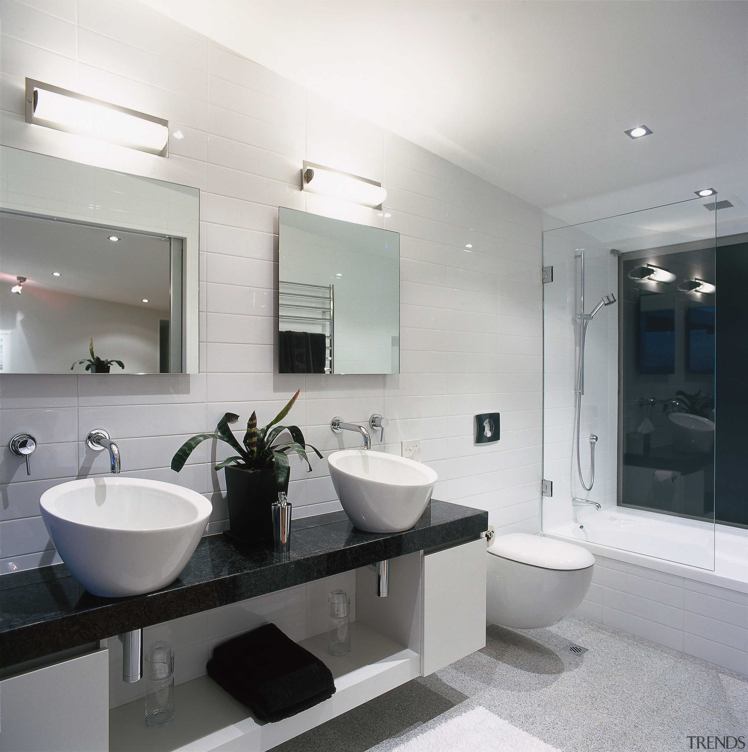 The view of a bathroom featuring basins, a architecture, bathroom, bathroom accessory, home, interior design, room, sink, tap, gray, white