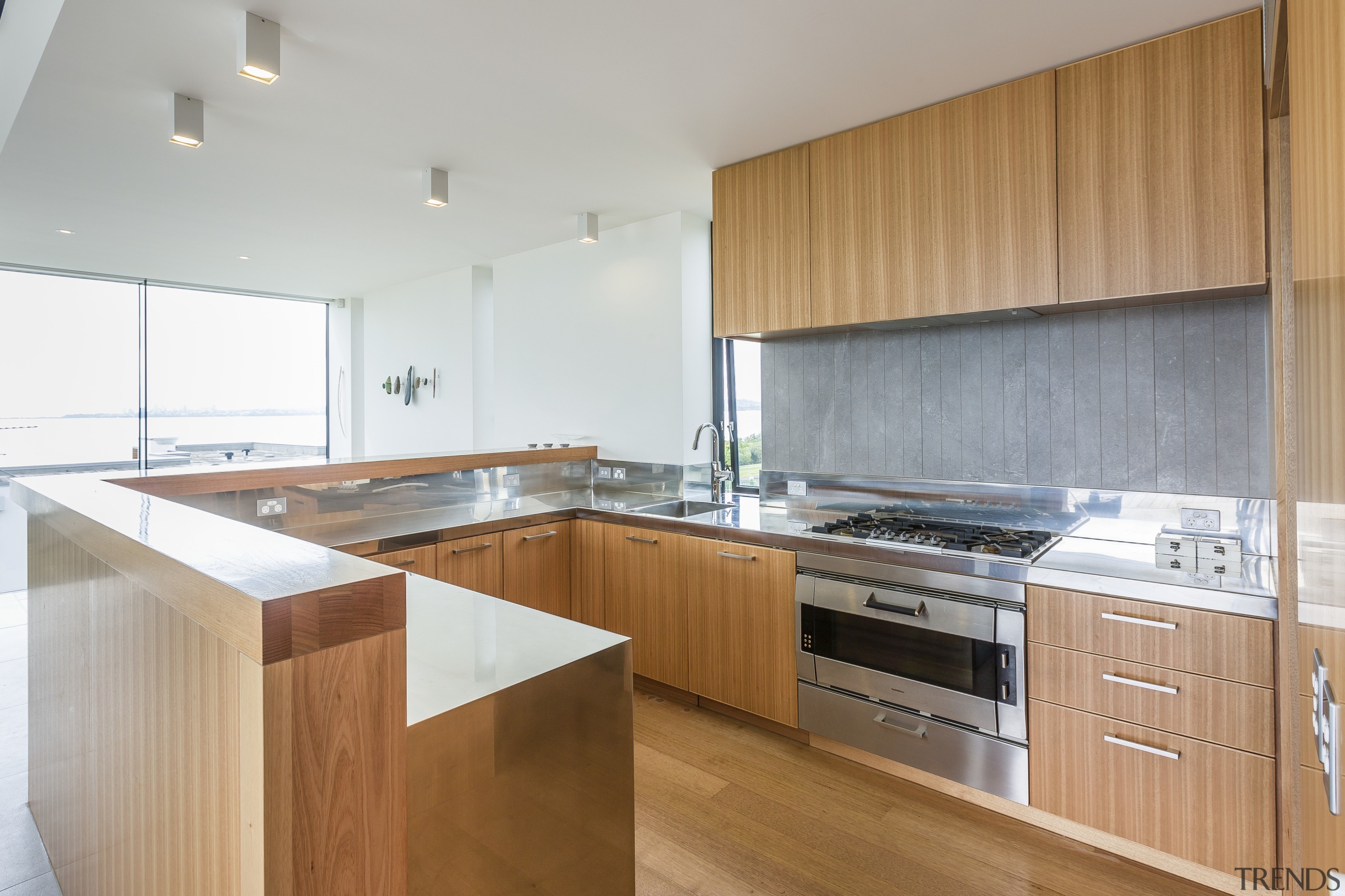 Modern kitchen with Tasmanian ash veneer and stainless cabinetry, countertop, hardwood, interior design, kitchen, property, real estate, wood, gray