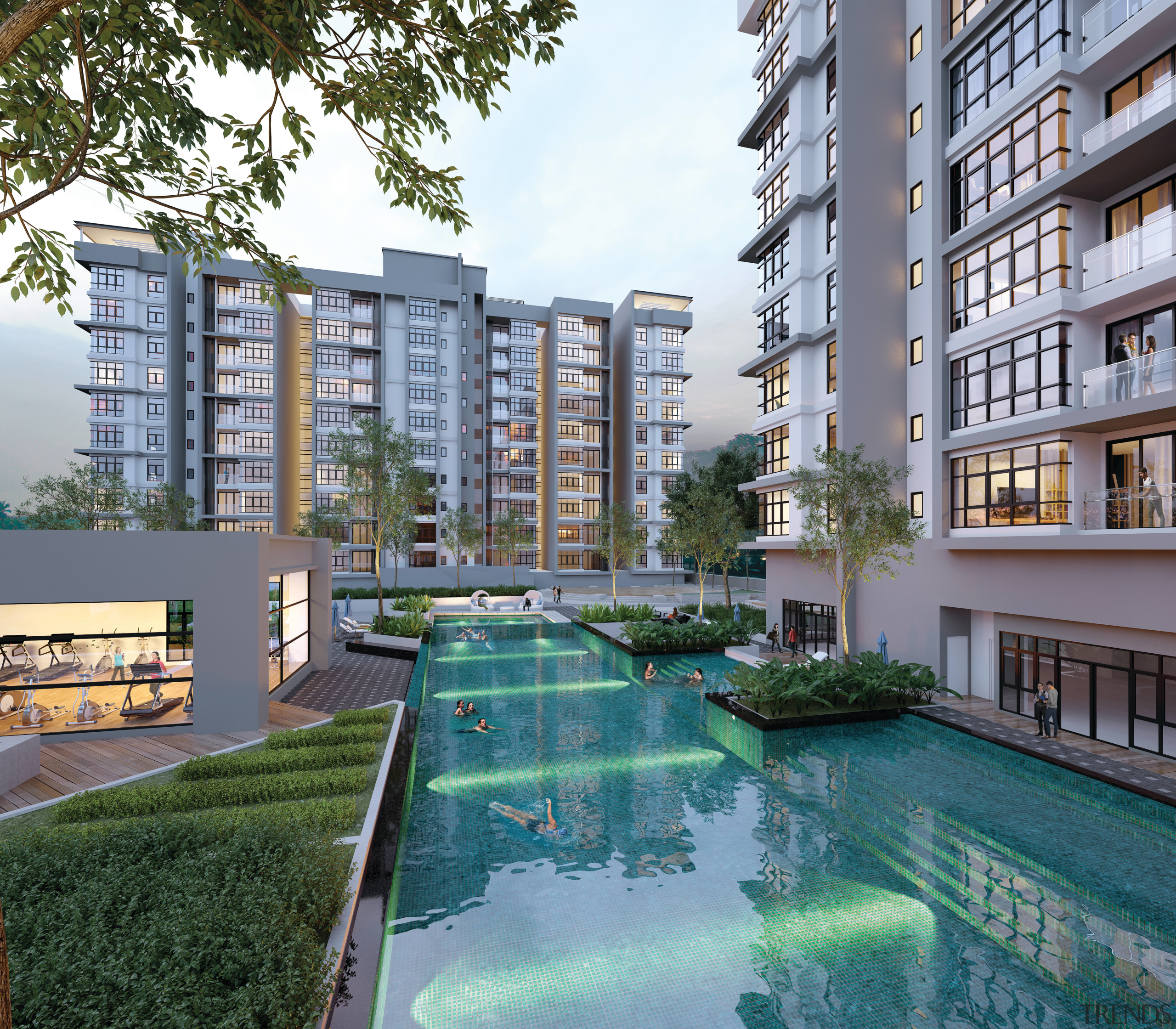 Lifestyle amenities for owners of the serviced apartments apartment, architecture, building, condominium, estate, metropolitan area, mixed use, neighbourhood, property, real estate, reflection, residential area, swimming pool, tower block, urban design, gray