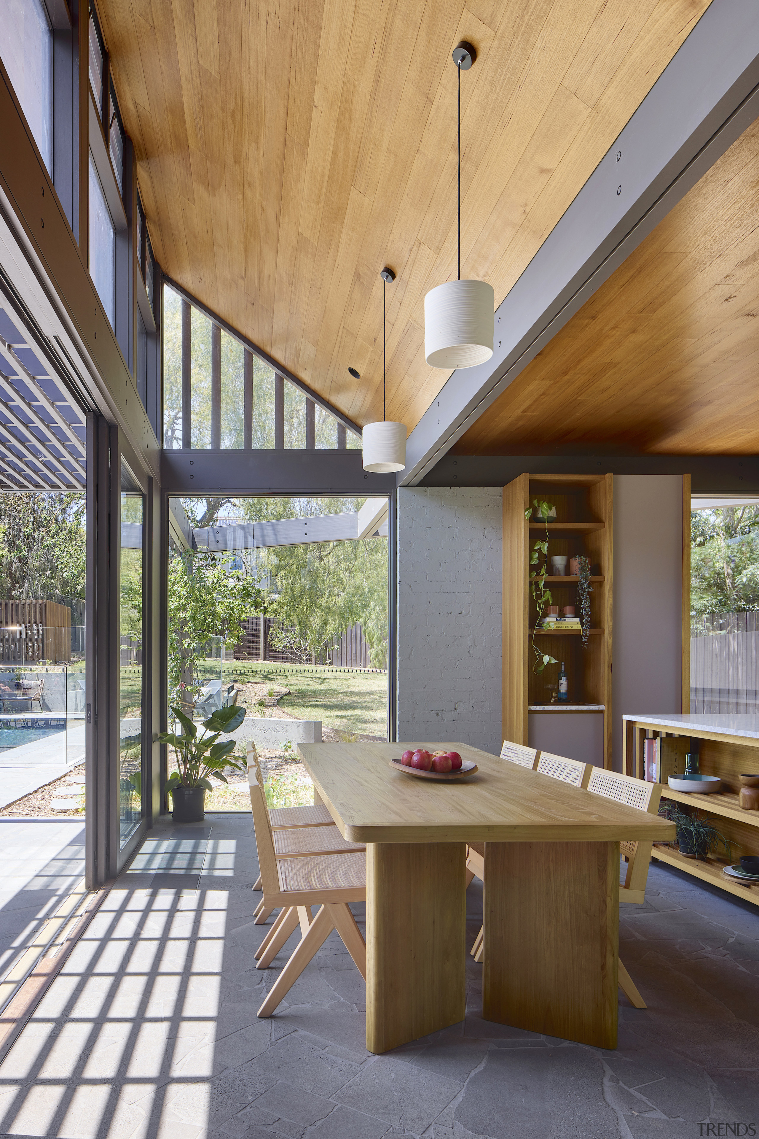 The texture and colour of the wood ceilings 