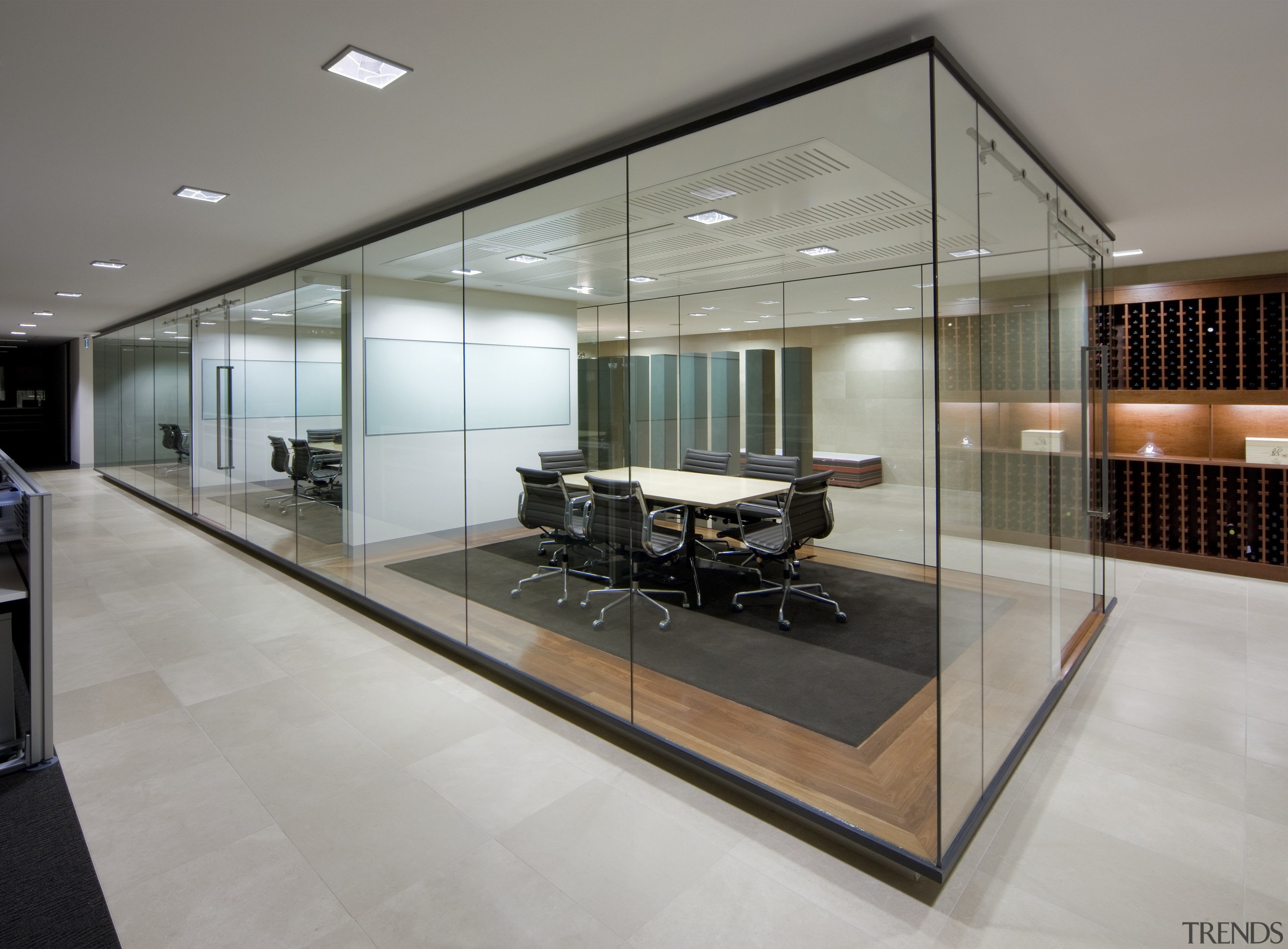 Interior view of offices where the interior fit-out ceiling, floor, flooring, glass, interior design, lobby, real estate, window, gray