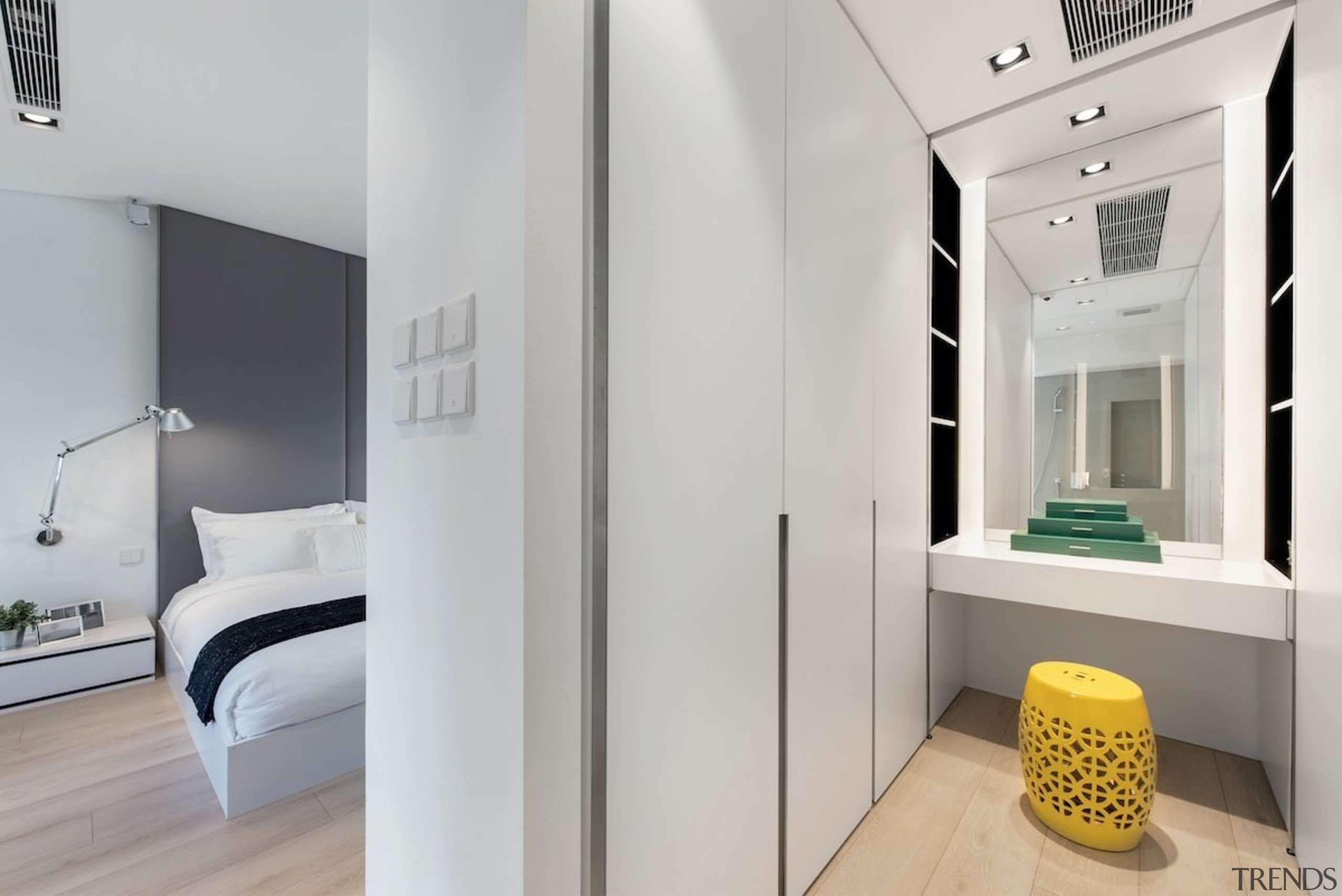 The wardrobe sits off from the master bedroom architecture, floor, home, interior design, product design, gray