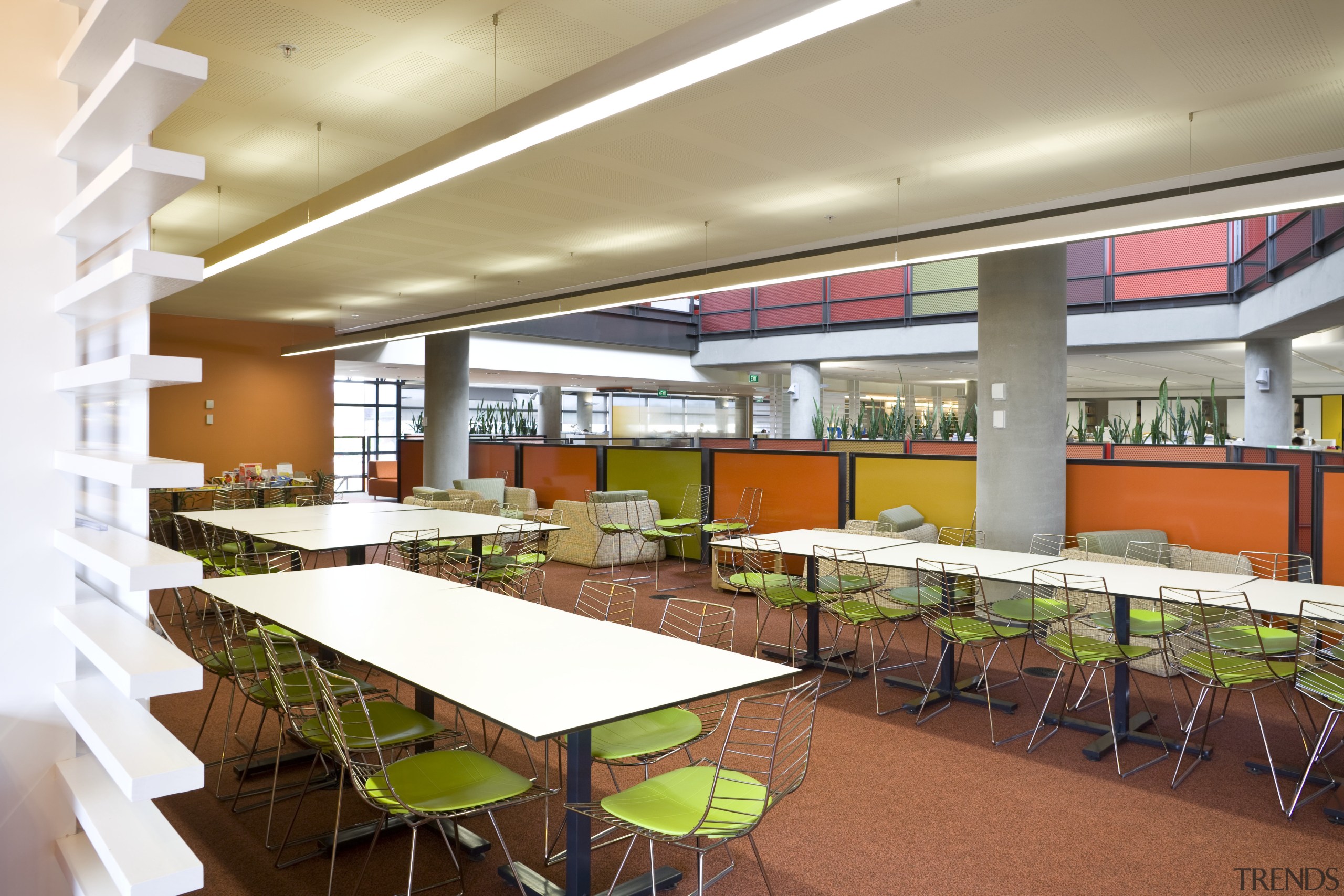 Interior view of the office areas inside the cafeteria, classroom, daylighting, institution, interior design, real estate, restaurant, table, white, brown