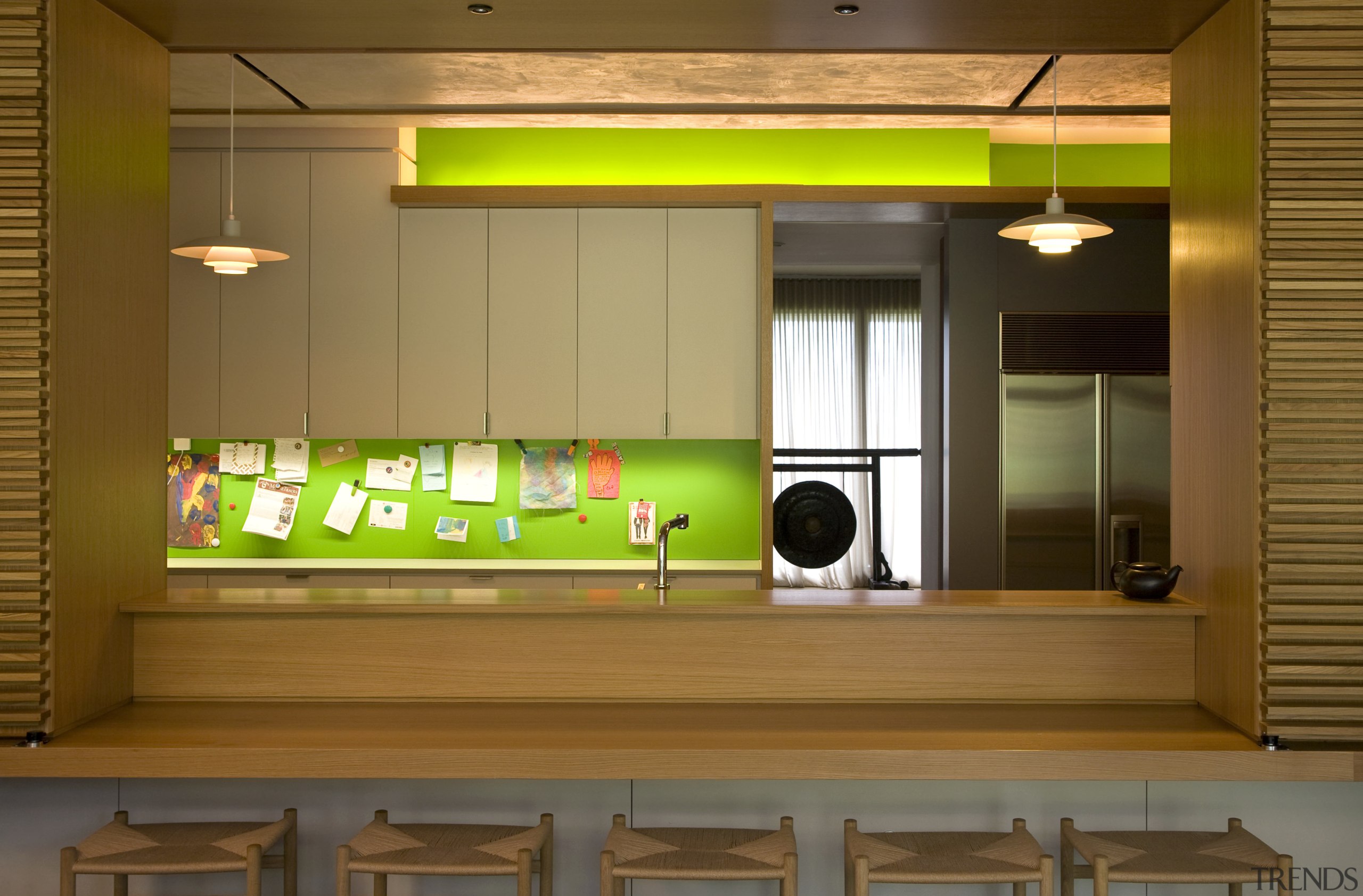 View of modernist style kitchen with wooden cabinetry furniture, interior design, brown