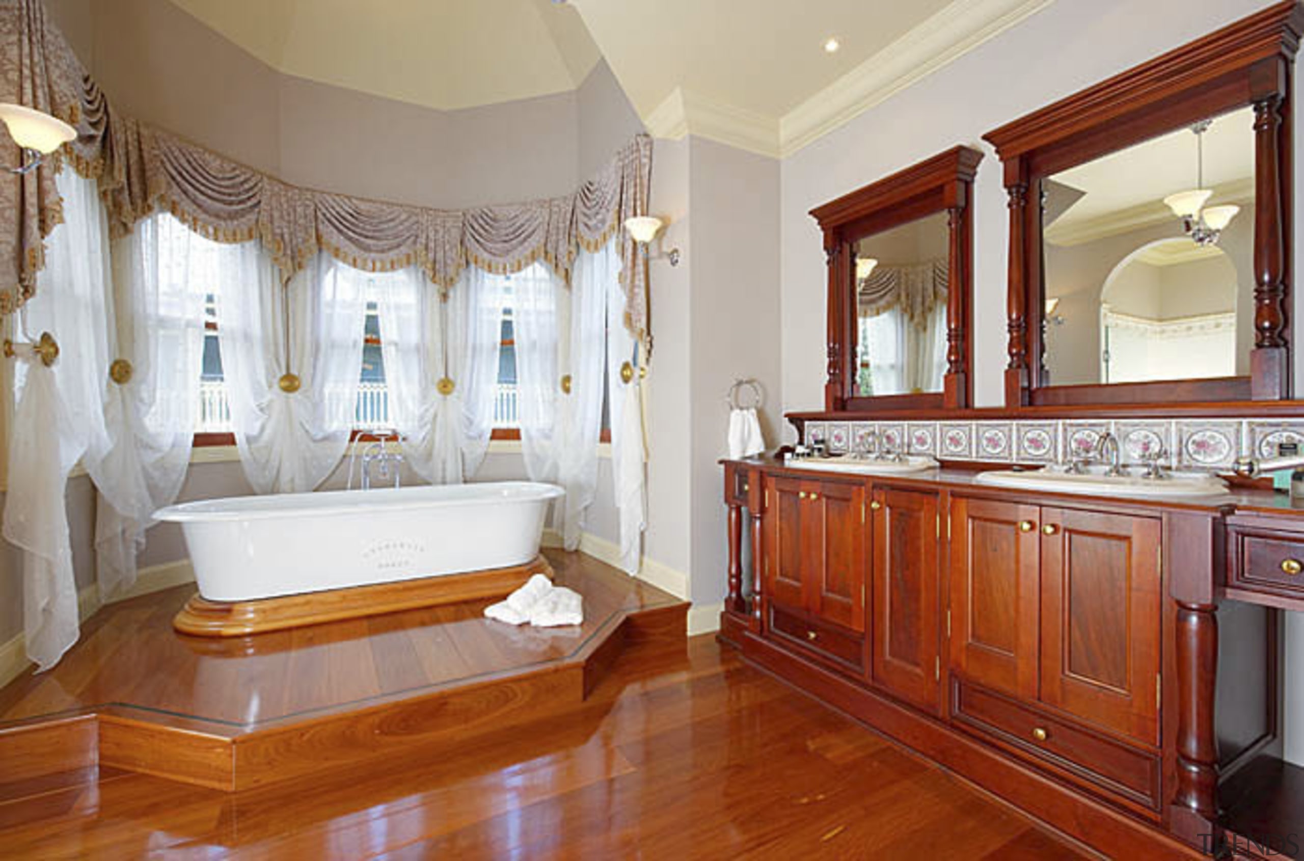 View of a traditional-styled bathroom which features timber bathroom, ceiling, estate, floor, flooring, hardwood, home, interior design, property, real estate, room, window, wood, wood flooring, gray, red