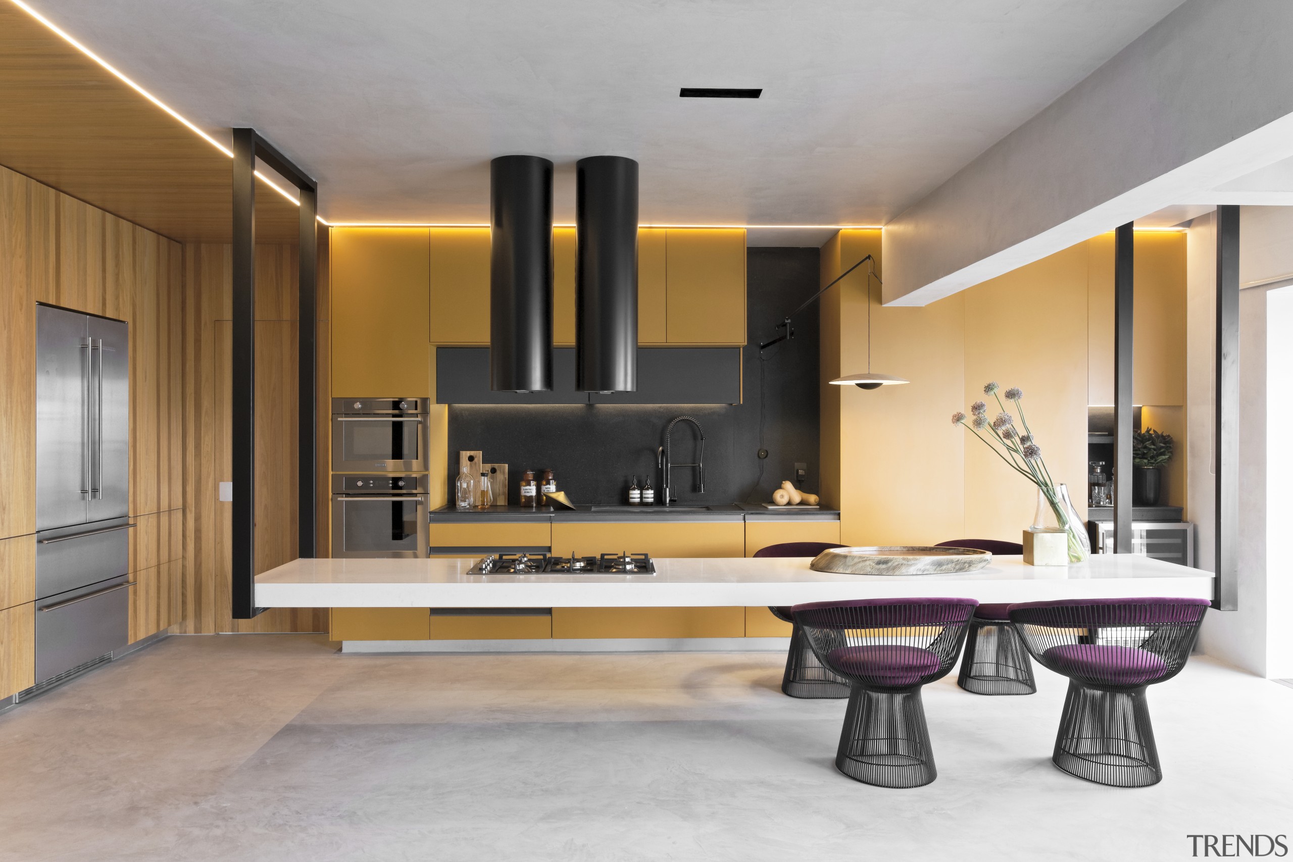 Innovation – and levitation! – defines this kitchen, architecture, bathroom, building, cabinetry, ceiling, countertop, floor, flooring, furniture, home, house, interior design, living room, material property, property, room, sink, table, tap, tile, gray