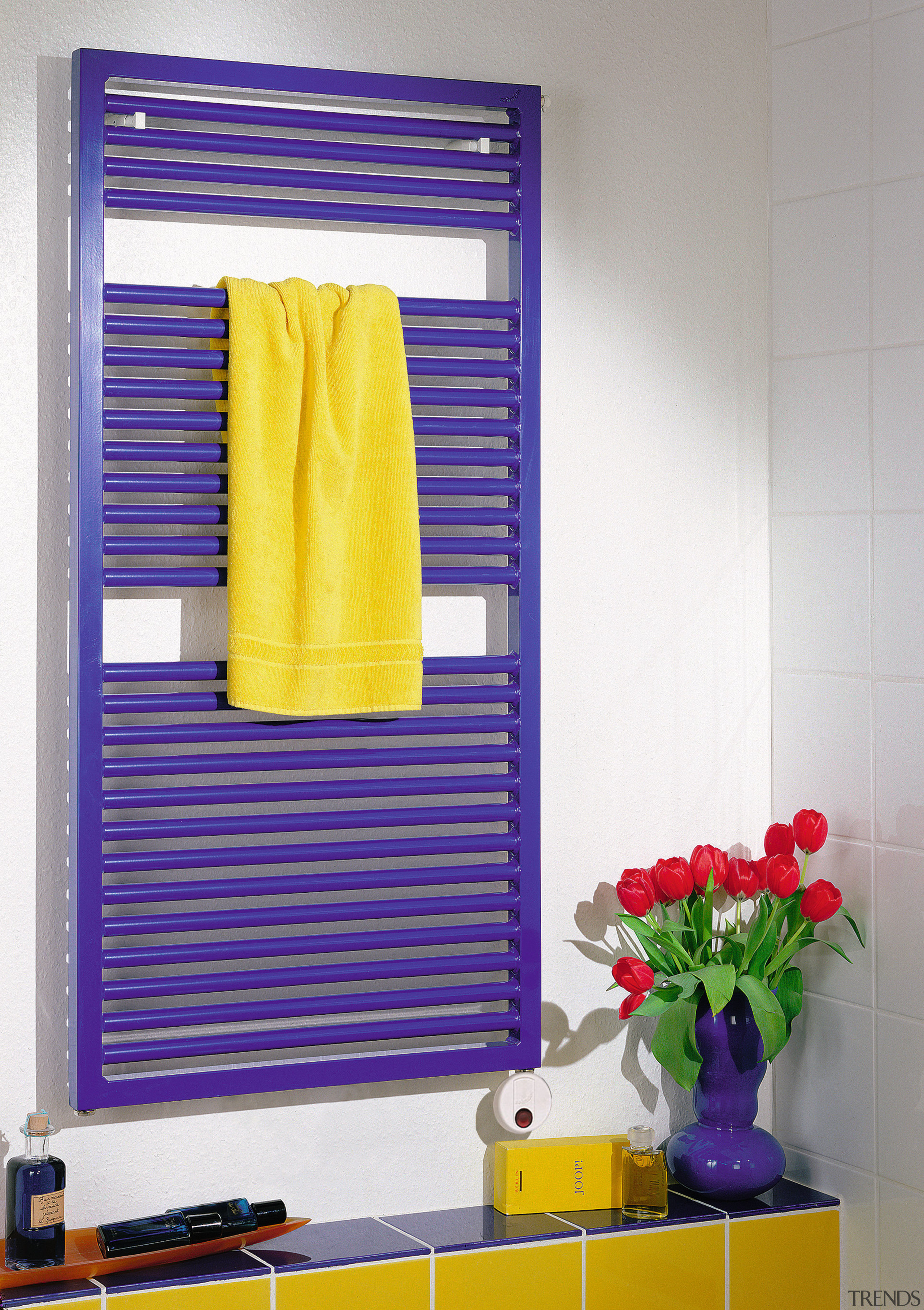 View of this towel rail - View of curtain, interior design, purple, shelf, shelving, window blind, window covering, yellow, white