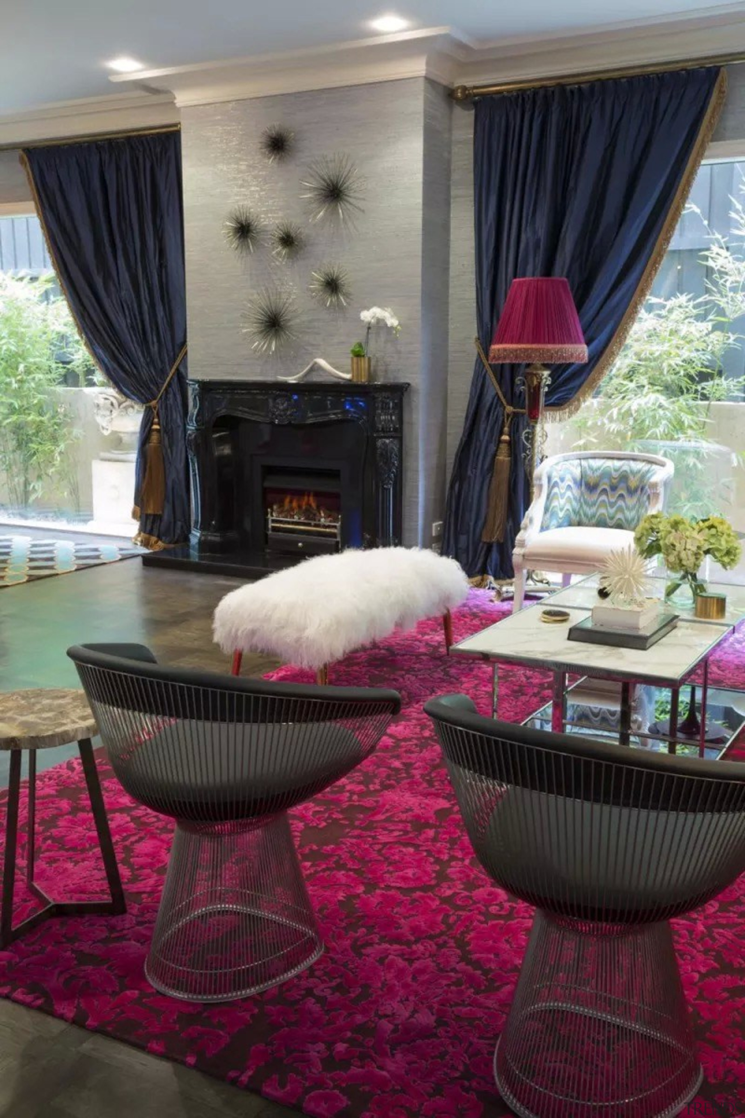 French classic-style residence by Massimo Interiors chair, dining room, flooring, furniture, home, interior design, living room, room, table, textile, window, gray, red, black