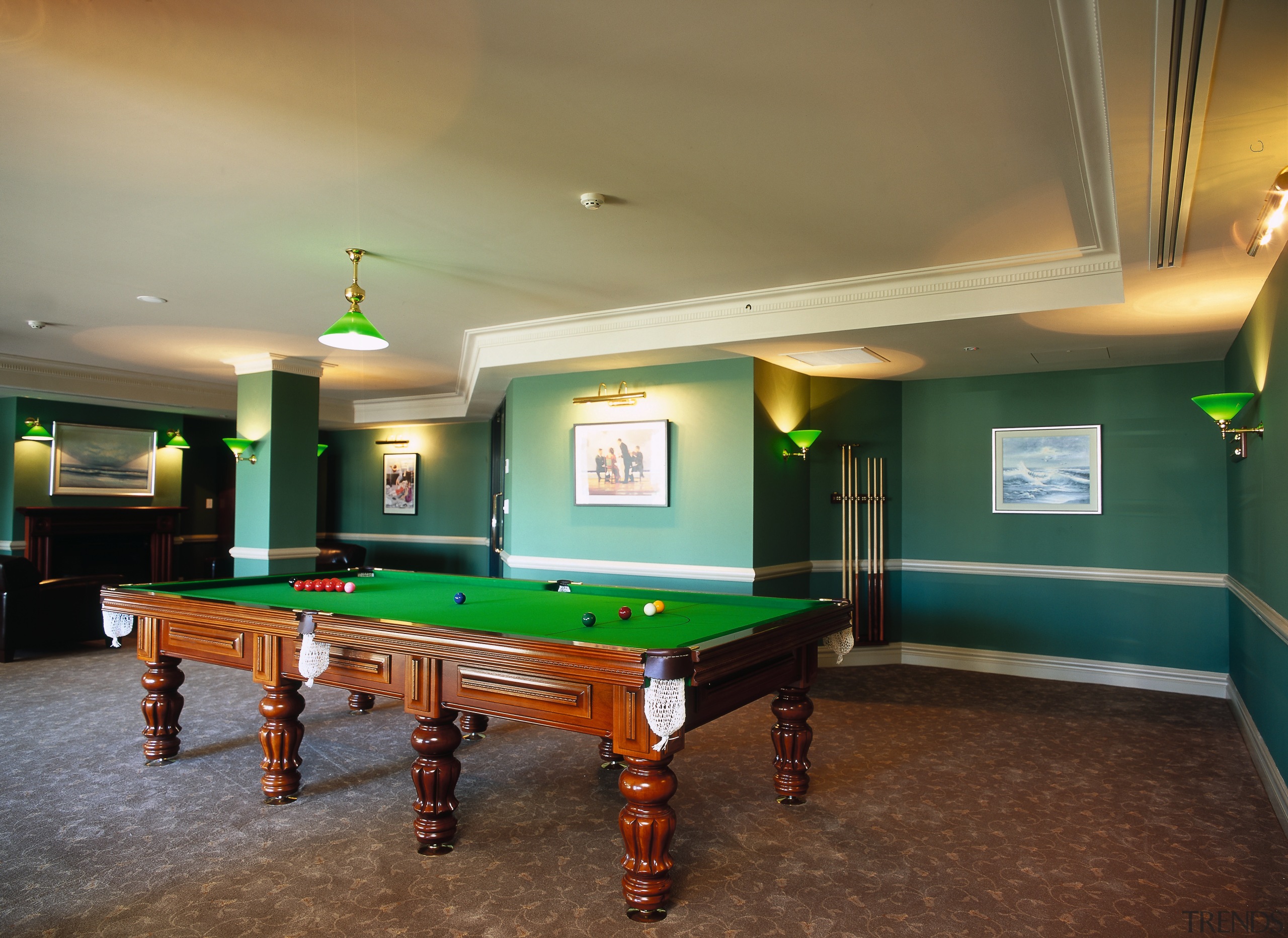 interior view of pool room - interior view billiard room, billiard table, blackball pool, cue sports, english billiards, estate, games, indoor games and sports, interior design, pocket billiards, pool, real estate, recreation room, room, snooker, table, brown