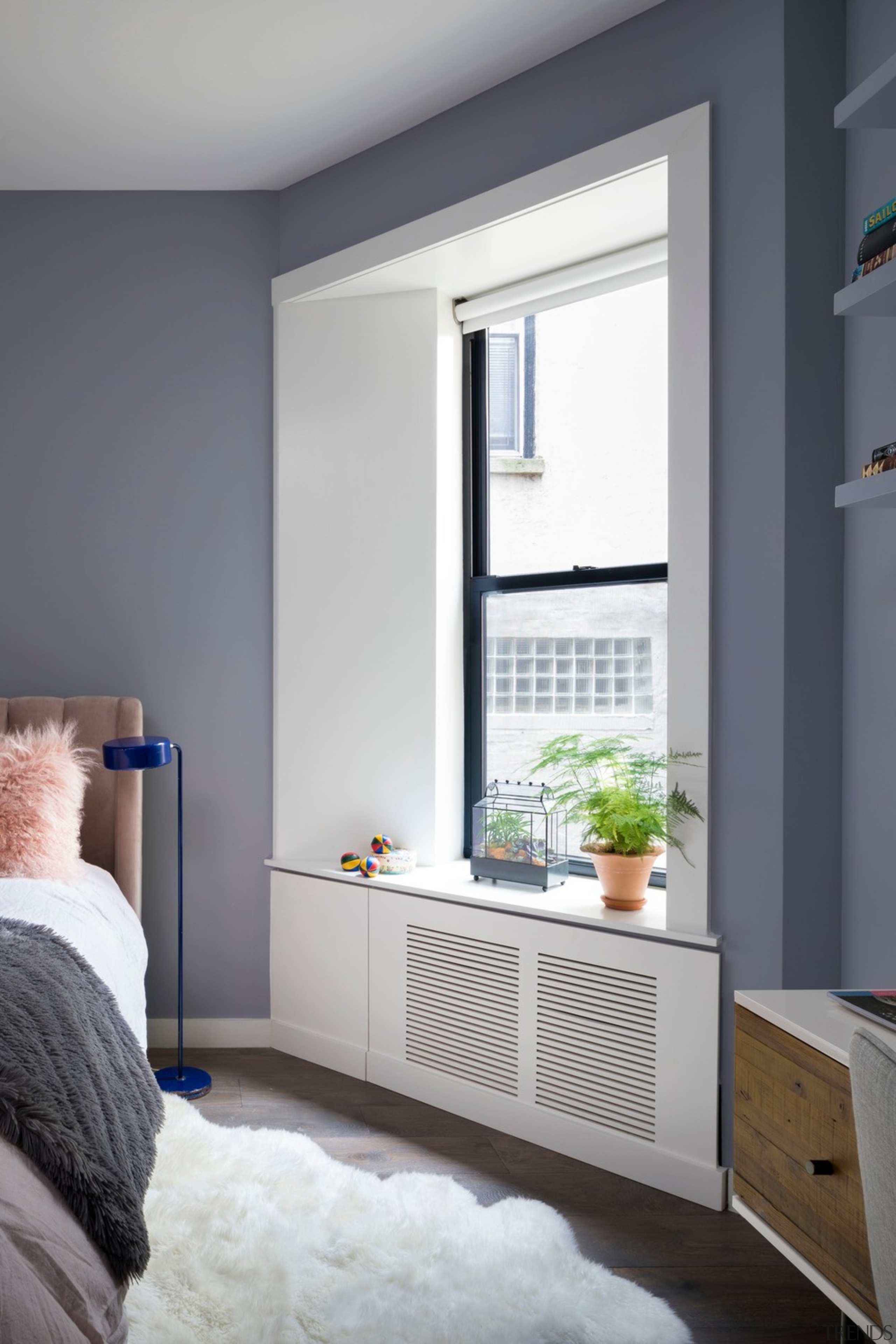 Teen bedroom with furniture by Room and Board building, cabinetry, ceiling, daylighting, floor, flooring, furniture, hardwood, home, house, interior design, living room, property, room, wall, white, window, yellow, gray, white