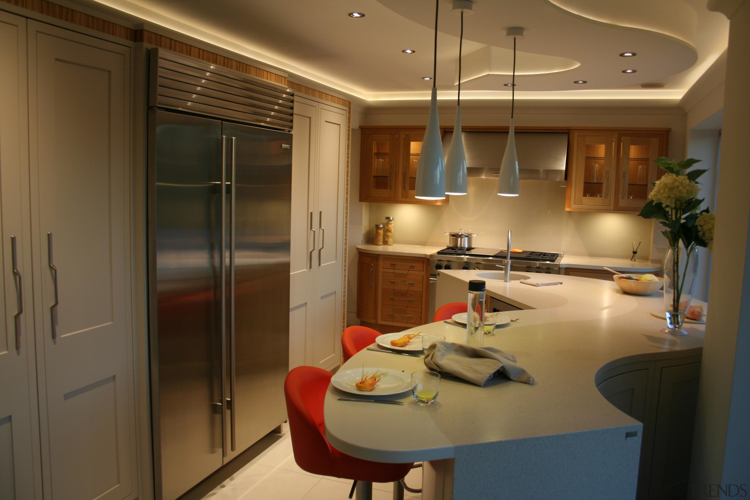 Recessed lighting, pendant lights and cabinet lighting really cabinetry, countertop, interior design, kitchen, room, brown