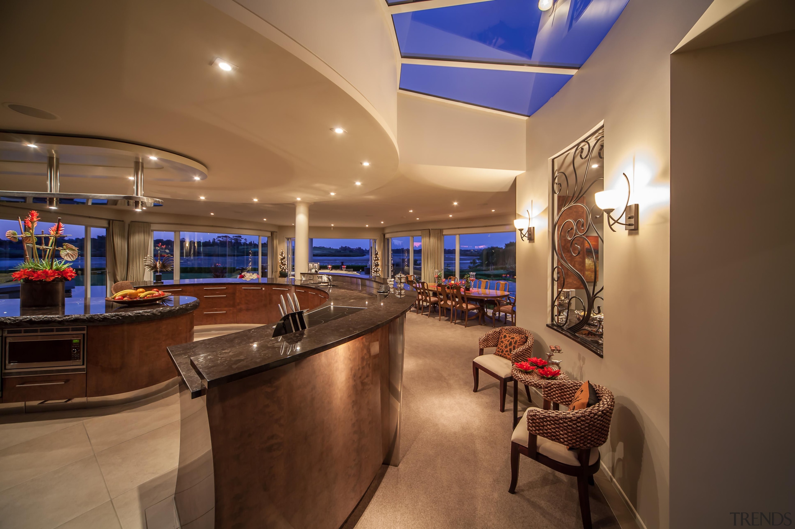 Curves are also a feature of the interior, interior design, brown