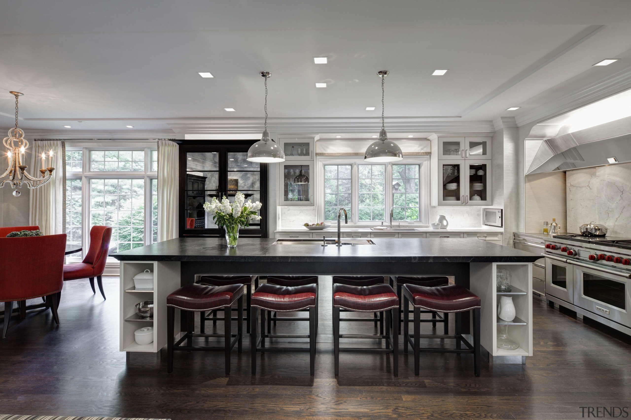 Super-slender stone countertops, antiqued mirror cabinet fronts, a cabinetry, ceiling, countertop, cuisine classique, dining room, floor, interior design, kitchen, real estate, room, table, gray