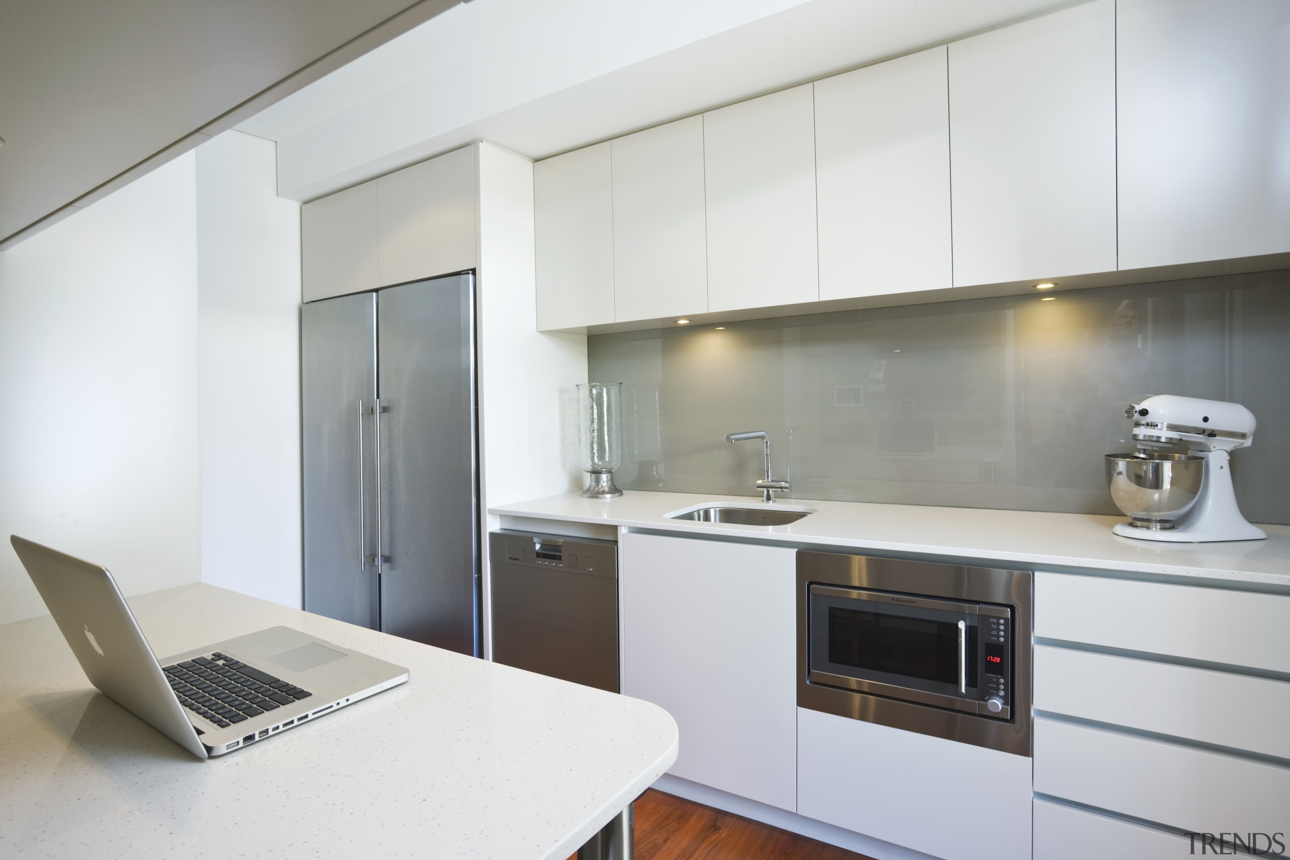 View of large, open renovated kitchen featuring timber cabinetry, countertop, interior design, kitchen, product design, property, real estate, white, gray
