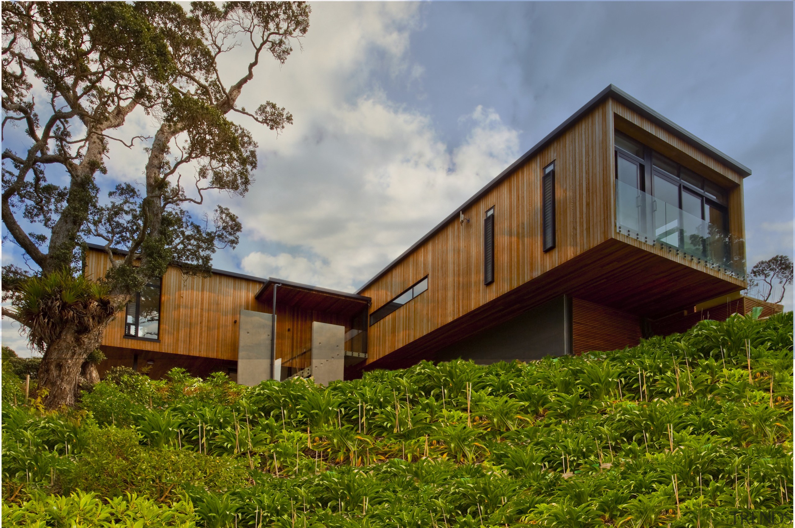 Seen from outside this home, the master suite architecture, cottage, estate, facade, farmhouse, grass, home, house, property, real estate, sky, tree, wood, brown