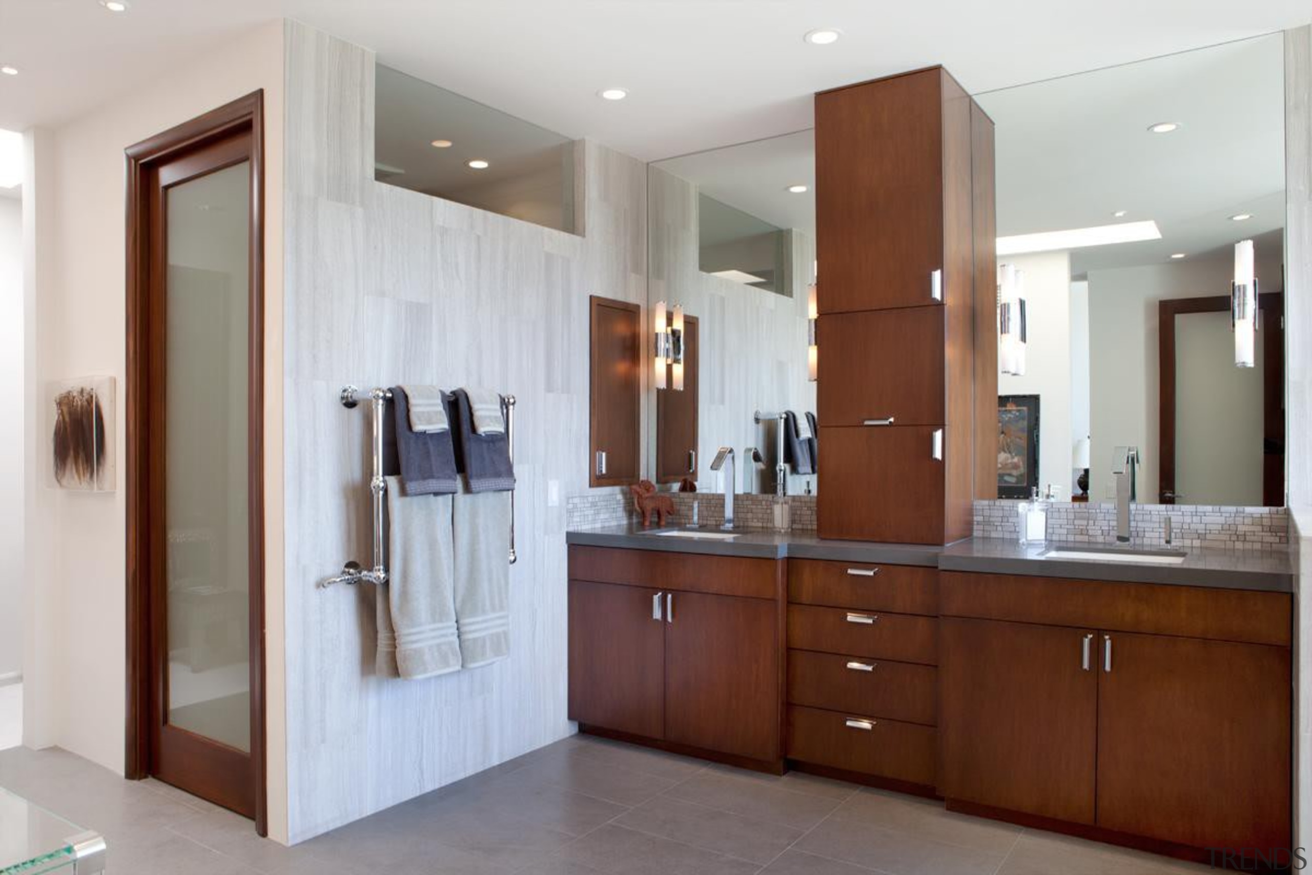 A modern transformation to an 80's style bathroom. bathroom, bathroom accessory, bathroom cabinet, cabinetry, countertop, interior design, kitchen, real estate, room, gray
