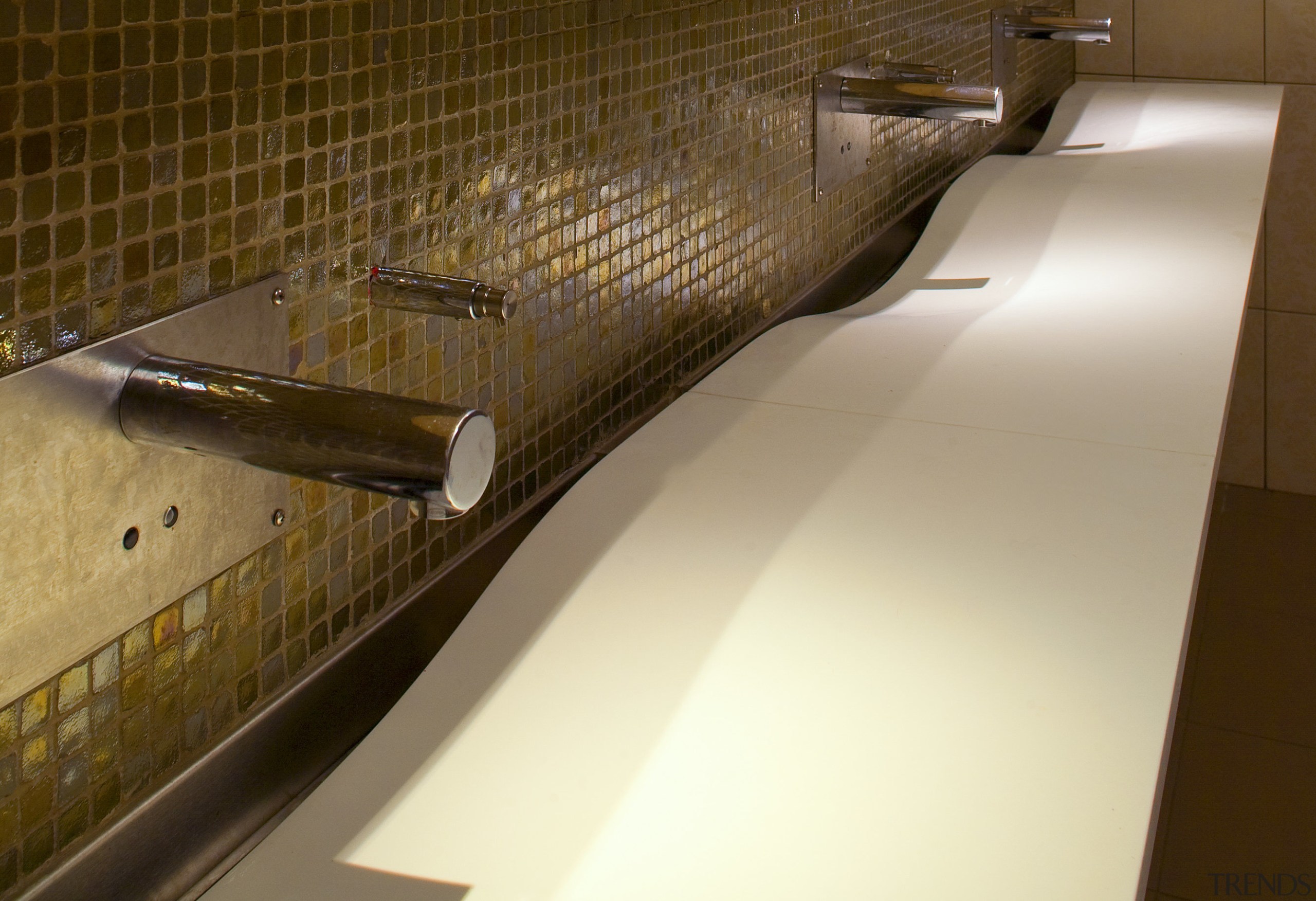 Close-up of the unique sink design - Close-up architecture, countertop, floor, flooring, sink, brown, orange