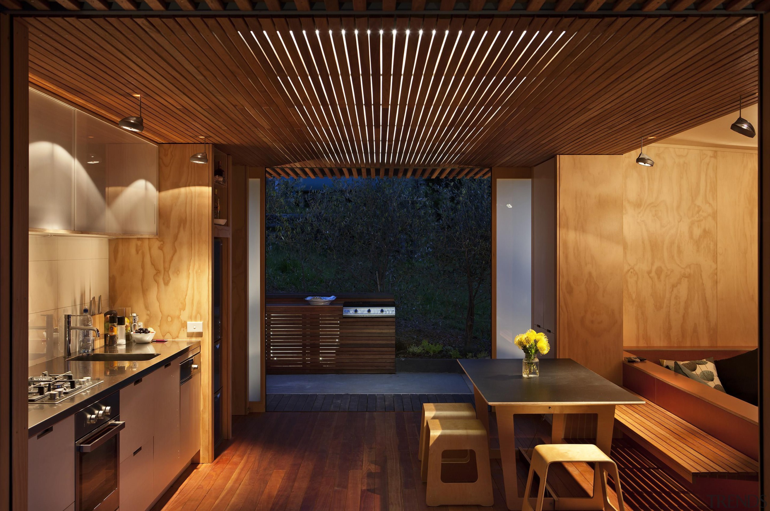 Coromandel, New Zealand - Studio 19 Onemana Bach architecture, ceiling, countertop, house, interior design, lighting, real estate, wood, brown