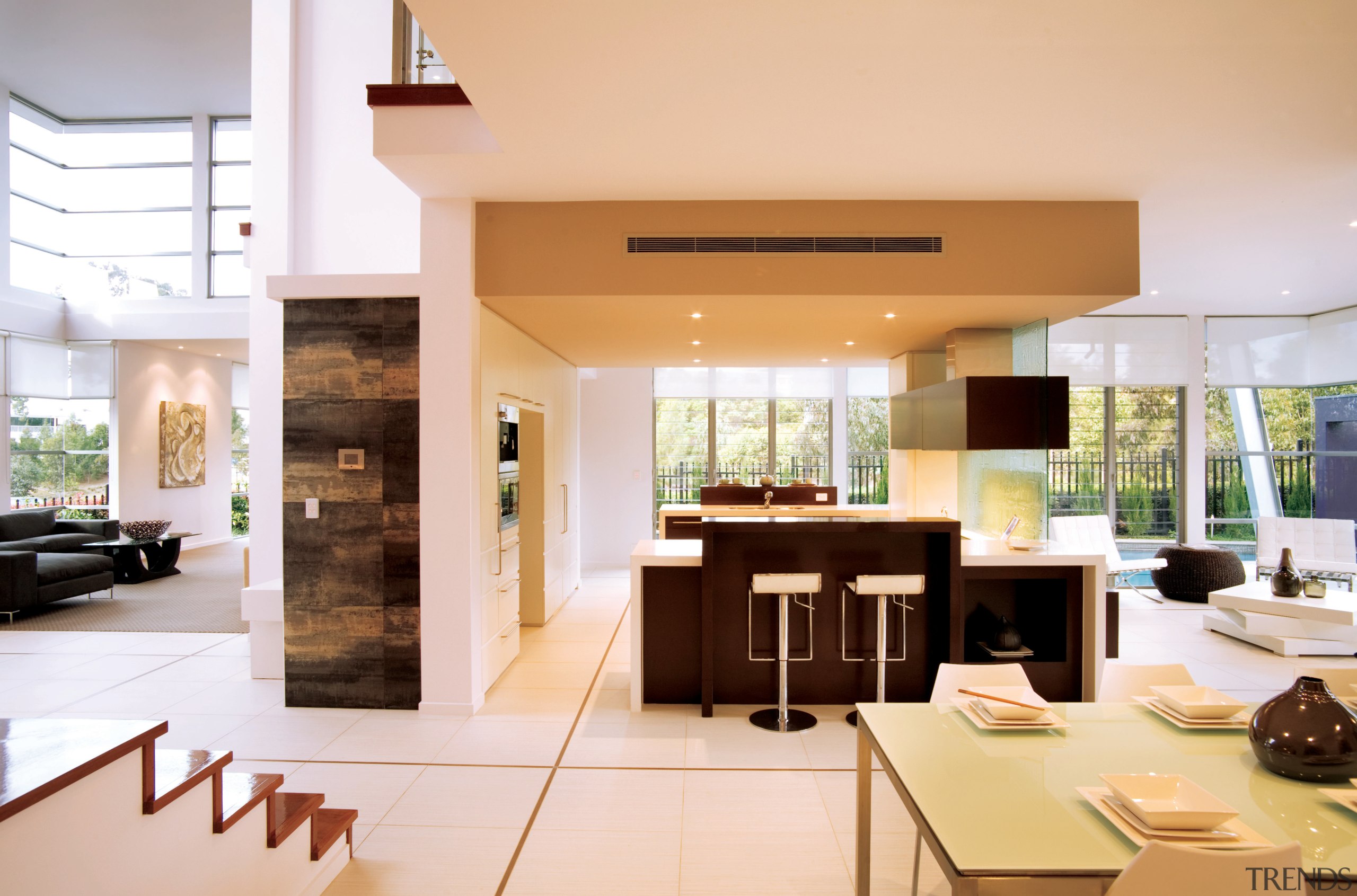 View of the kitchen area of a high-end interior design, kitchen, living room, real estate, white, orange