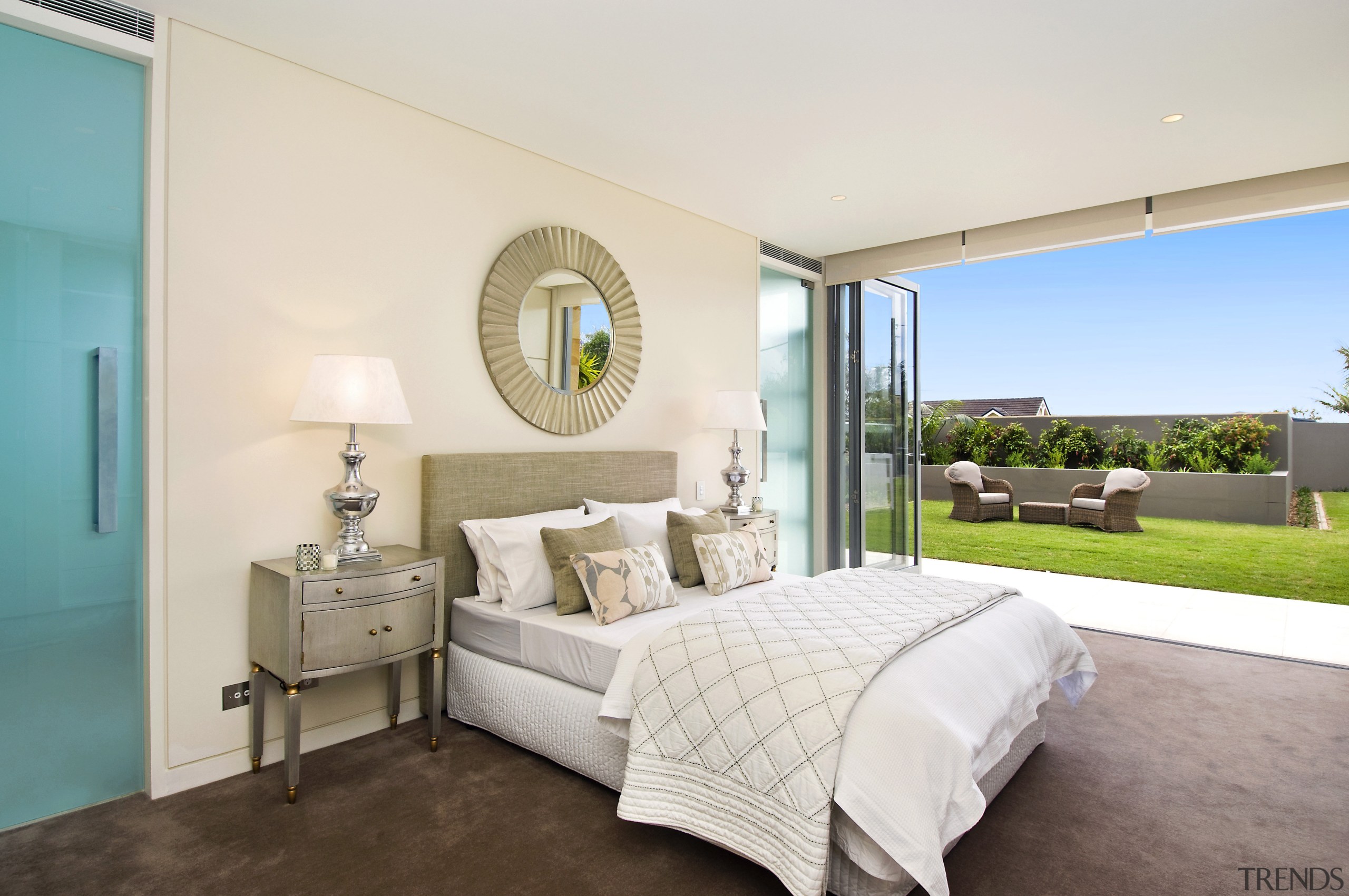 View of apartment with lounge opening out to bed frame, bedroom, ceiling, estate, home, interior design, property, real estate, room, suite, wall, window, white