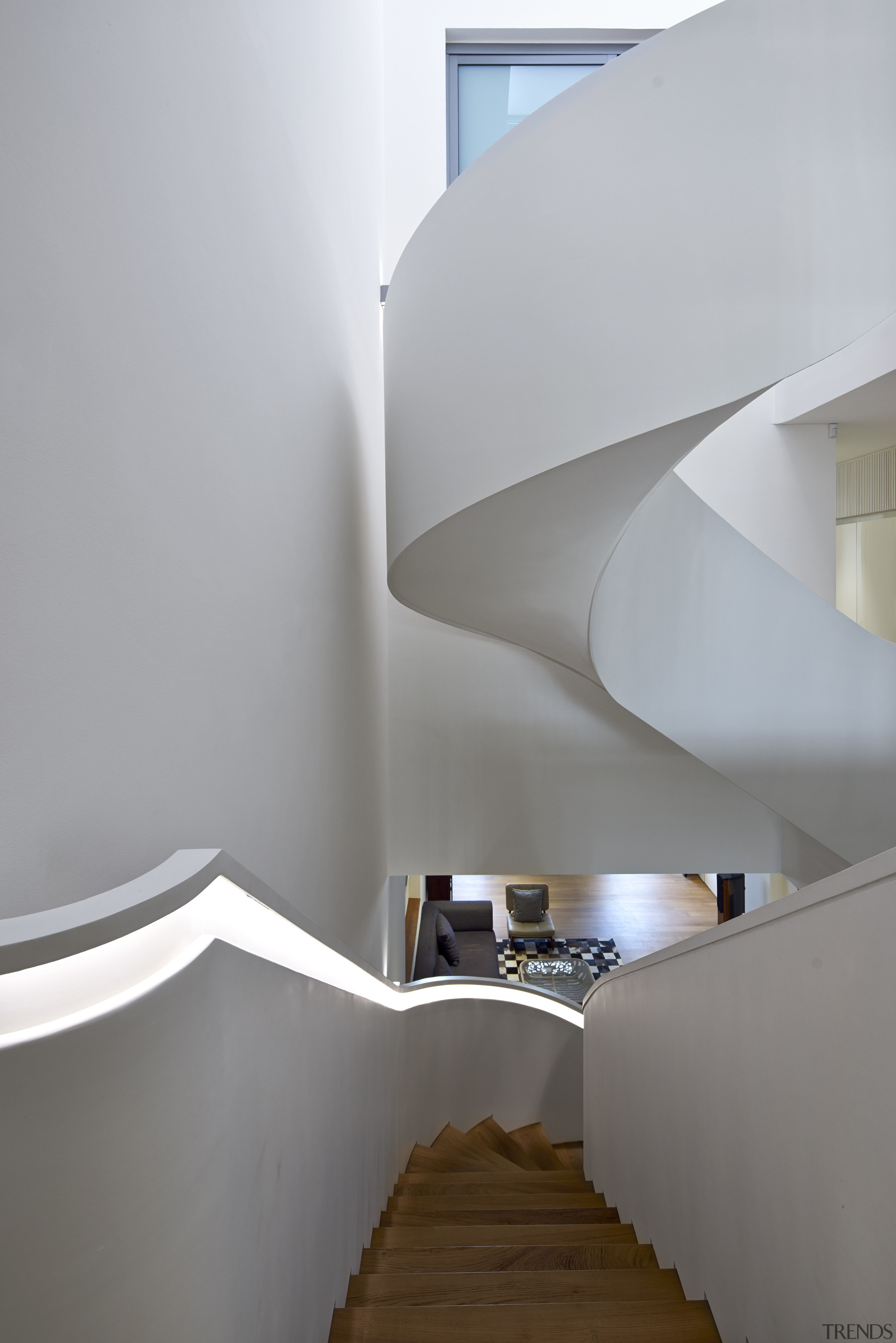 The white staircase in the main part of angle, architecture, ceiling, daylighting, house, interior design, product design, stairs, gray