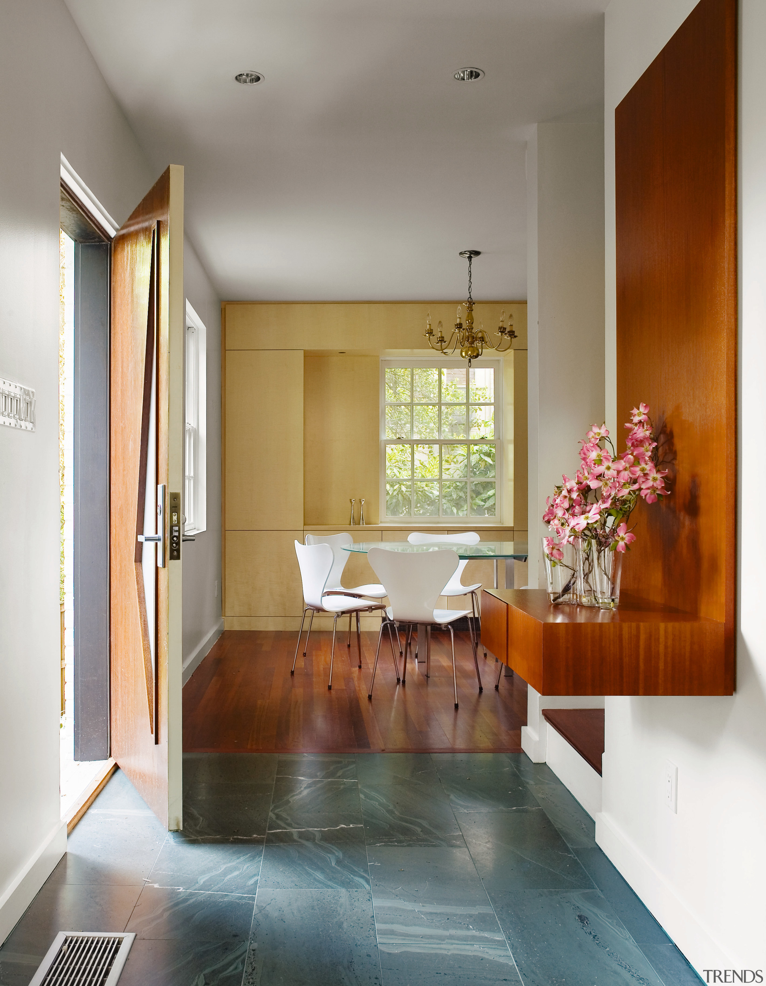 A view of the entrance way and dining architecture, bathroom, ceiling, countertop, floor, flooring, hardwood, home, interior design, real estate, room, wood flooring, gray, white