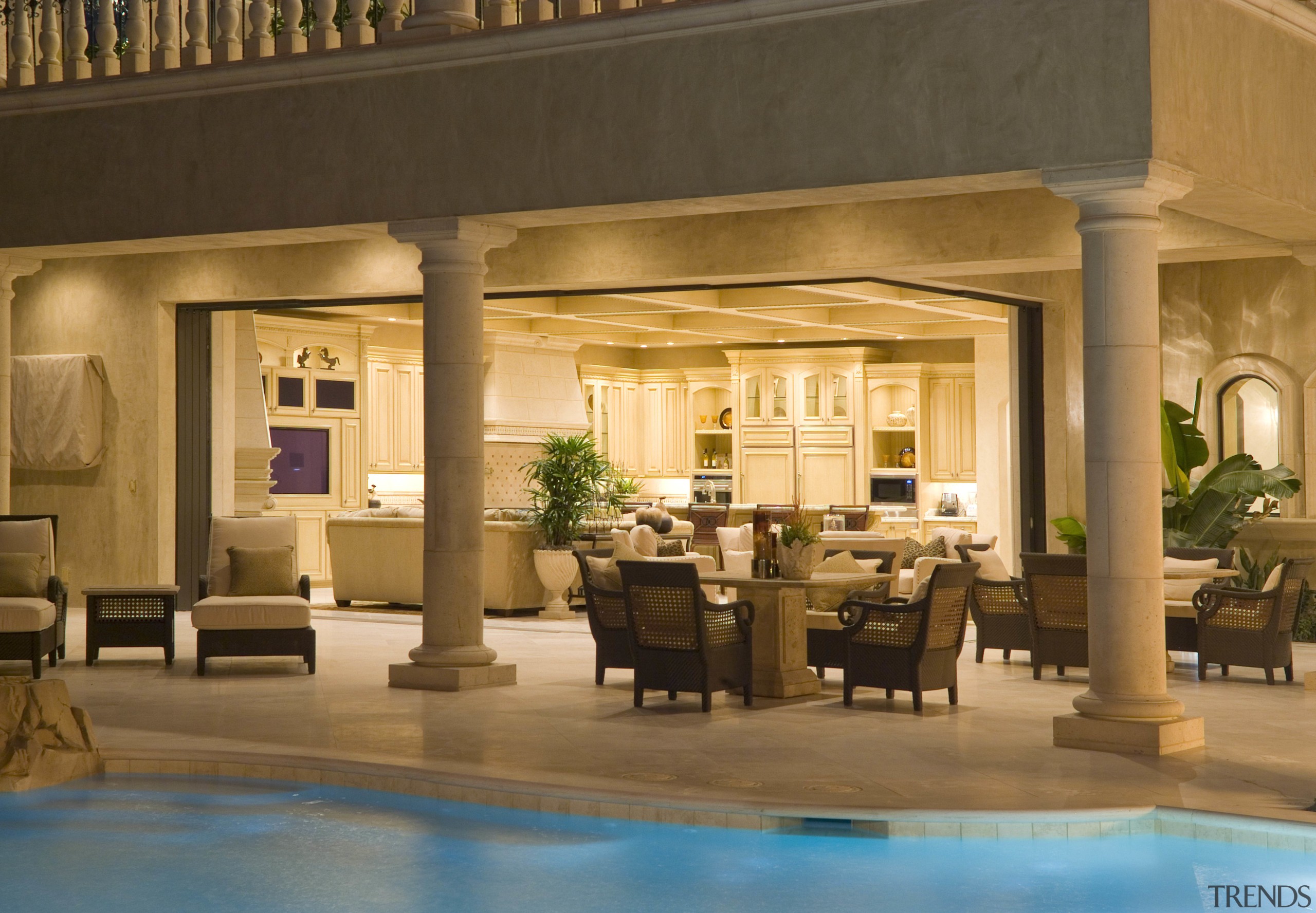 View of designs by Realm of Design. - estate, home, interior design, lobby, property, real estate, resort, swimming pool, brown, orange