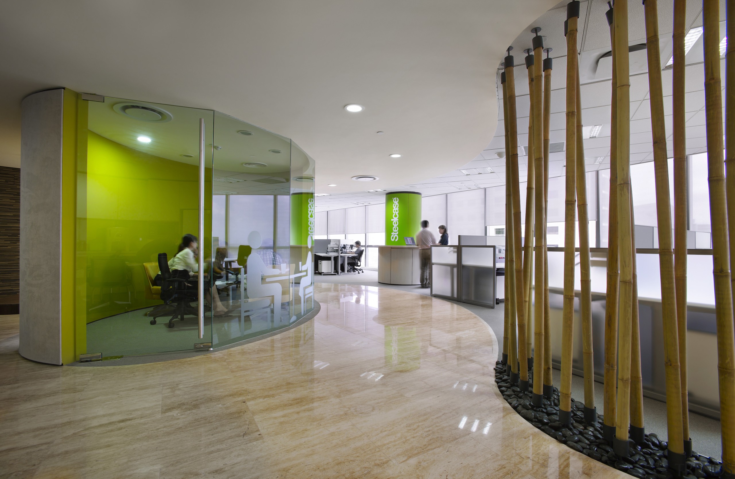 Steelcase Global Shared Services office, Kuala Lumpur apartment, architecture, ceiling, daylighting, floor, flooring, interior design, lobby, real estate, gray, brown