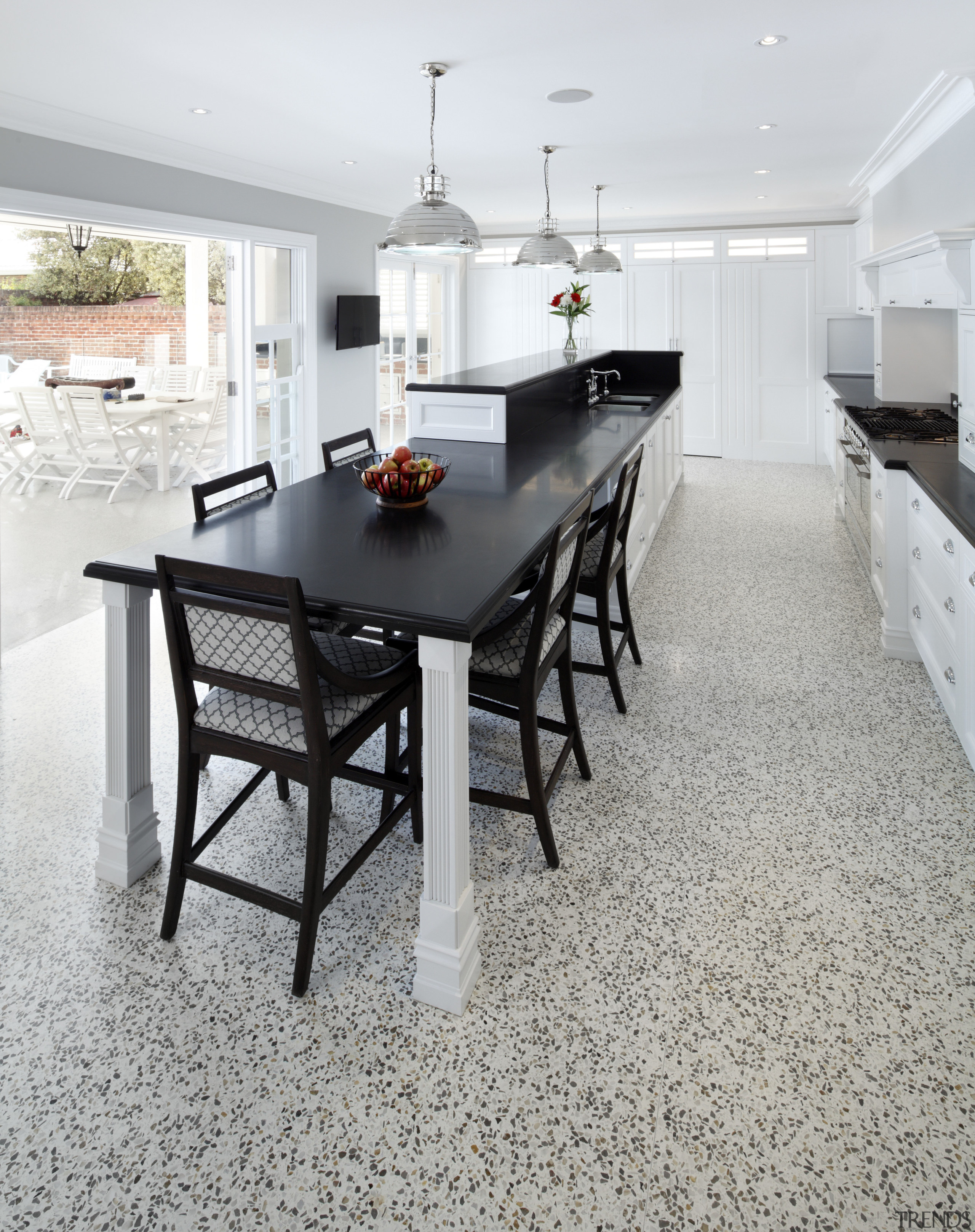 Hamptons-style transitional white kitchen - Hamptons-style transitional white dining room, floor, flooring, furniture, hardwood, interior design, kitchen, laminate flooring, room, table, tile, wood flooring, gray, white