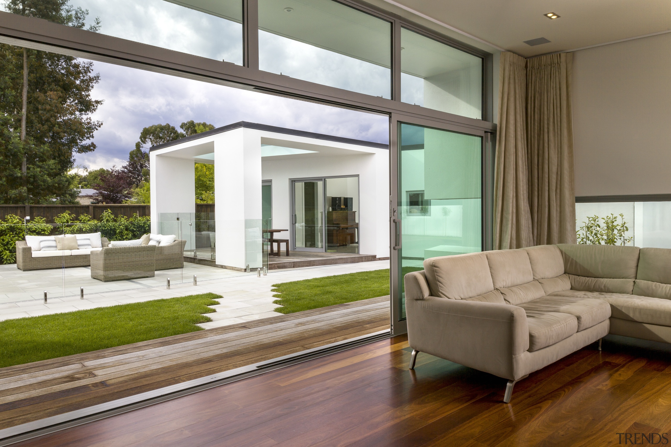 This aluminium sldiding door system by Fairview Wellington architecture, daylighting, door, estate, floor, home, house, interior design, living room, property, real estate, window, brown, white