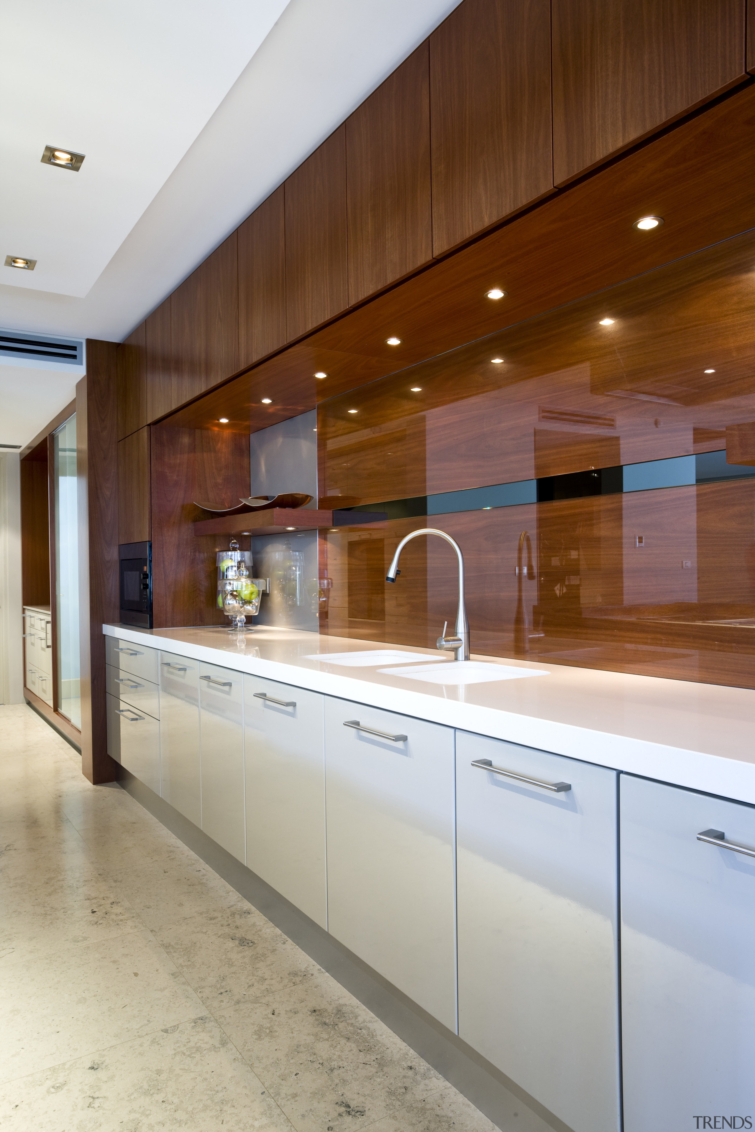 View of kitchen featuring painted teak cabinetry, Caroma cabinetry, ceiling, countertop, interior design, kitchen, real estate, under cabinet lighting, gray, brown